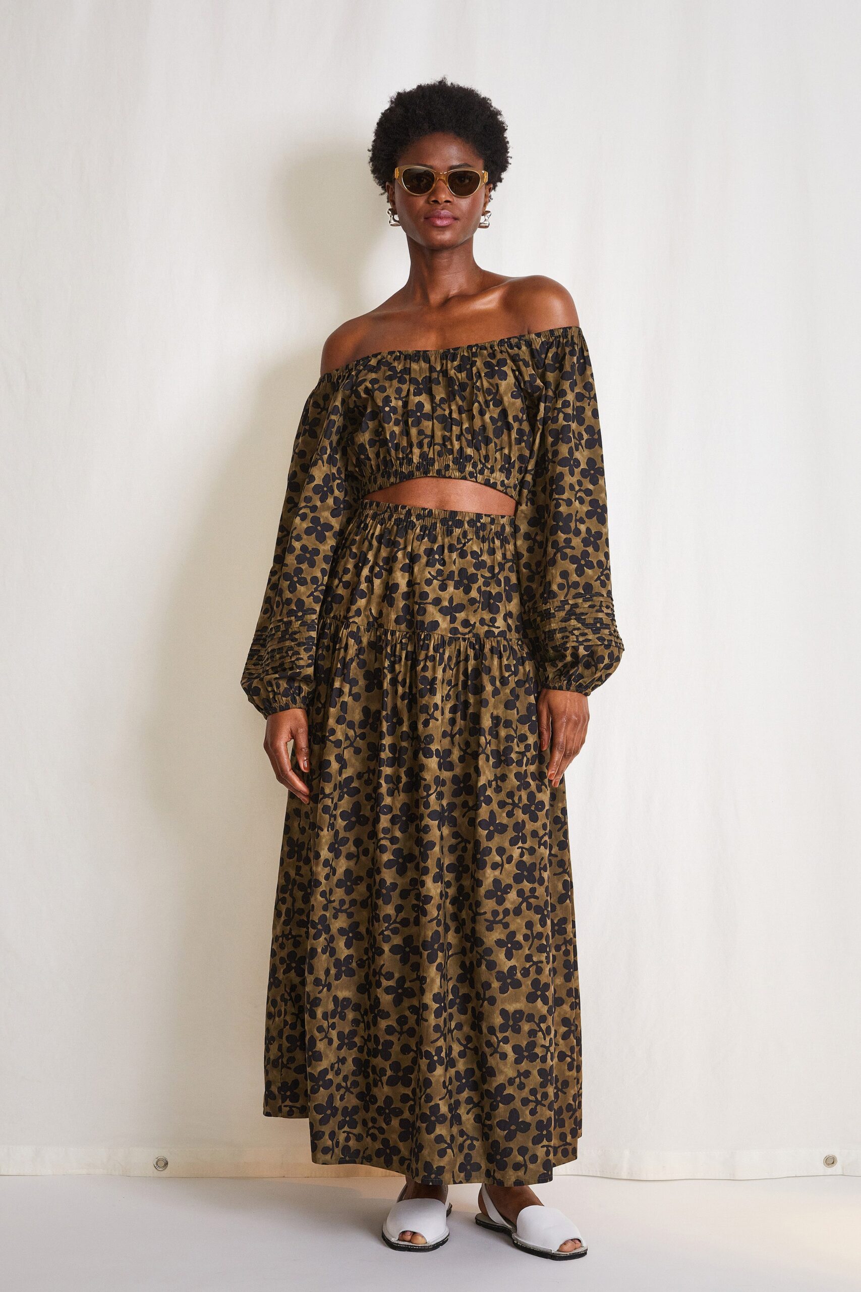 brown cotton long-sleeve off-shoulder fitted ruffled top