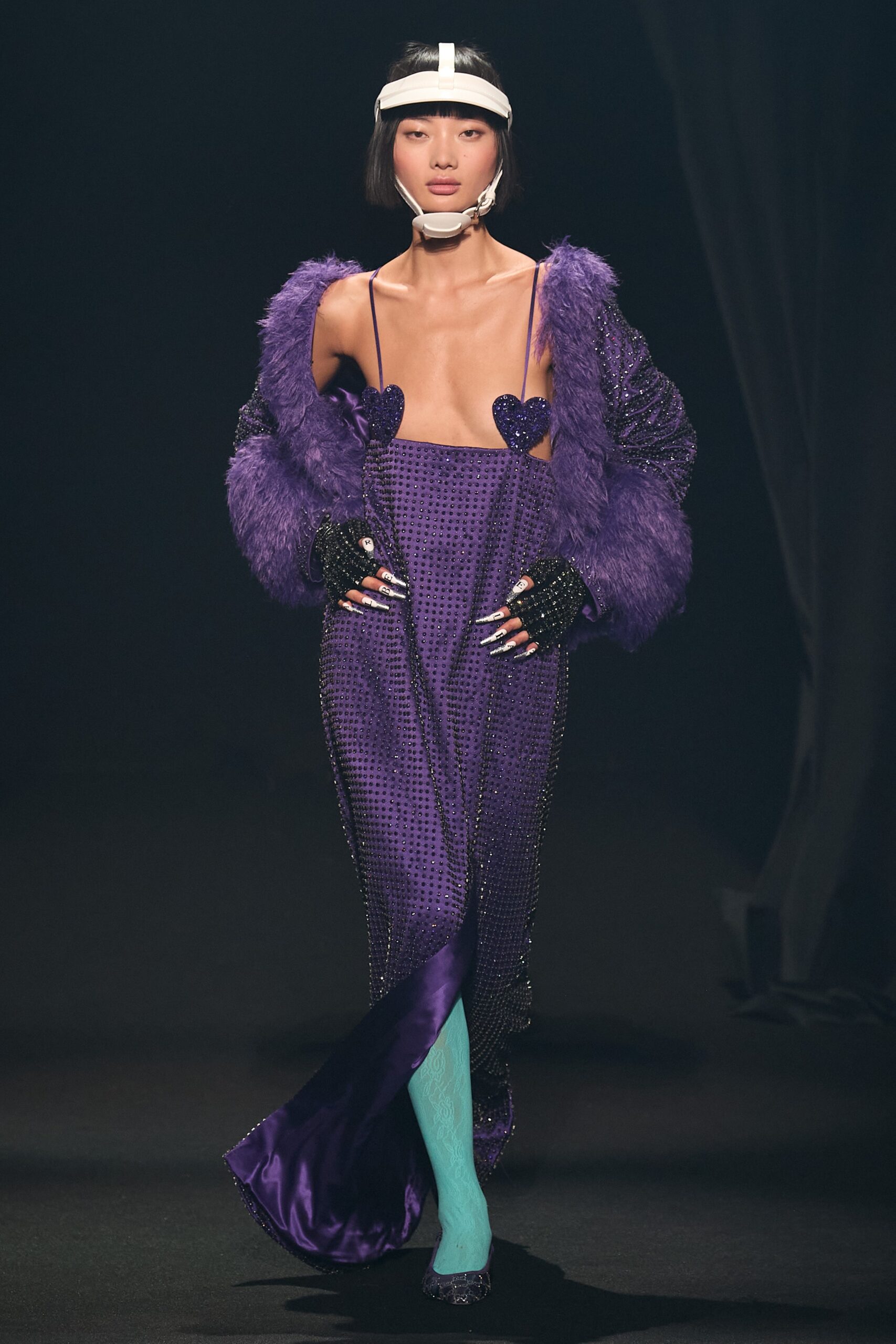 purple midi dress with fur coat