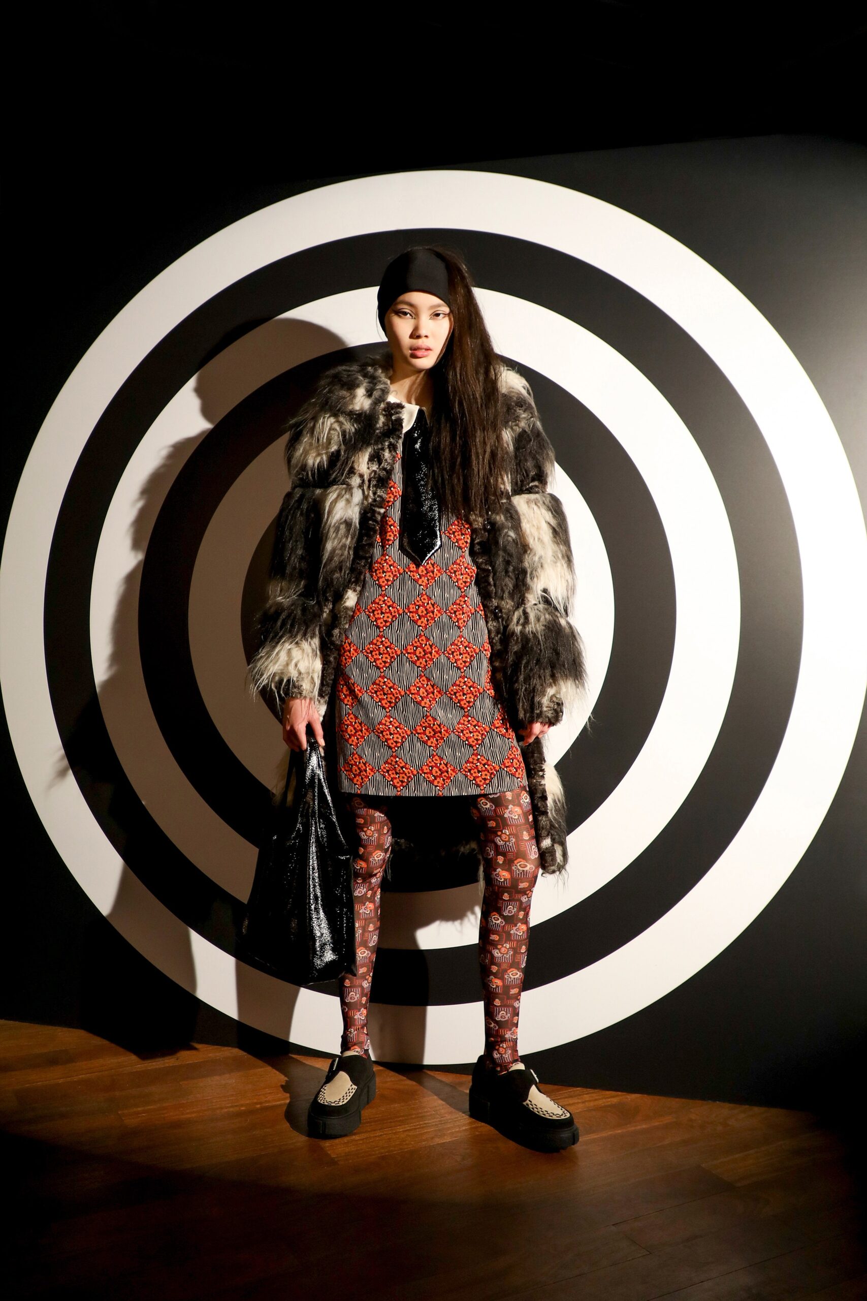 oversized fur coat with printed dress