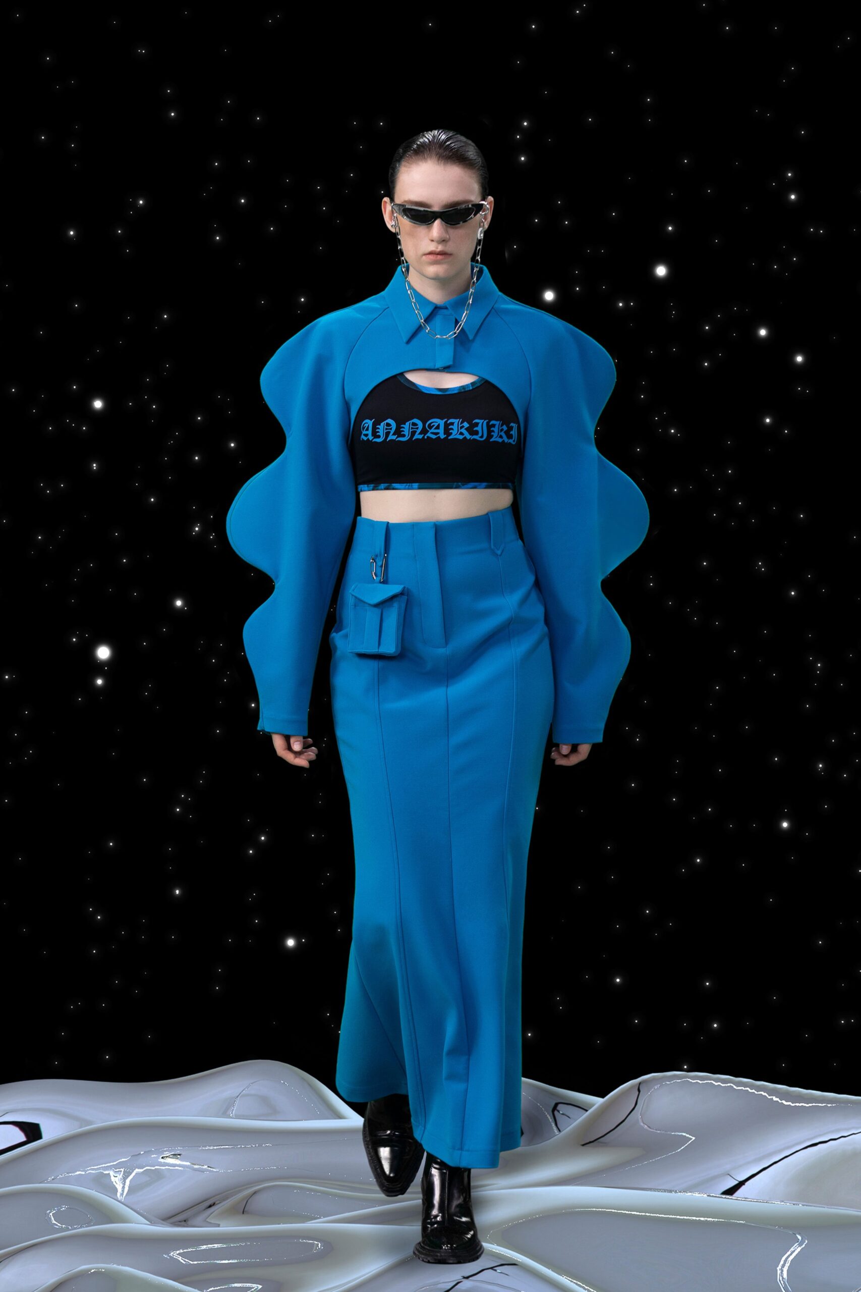 blue fitted top and midi skirt