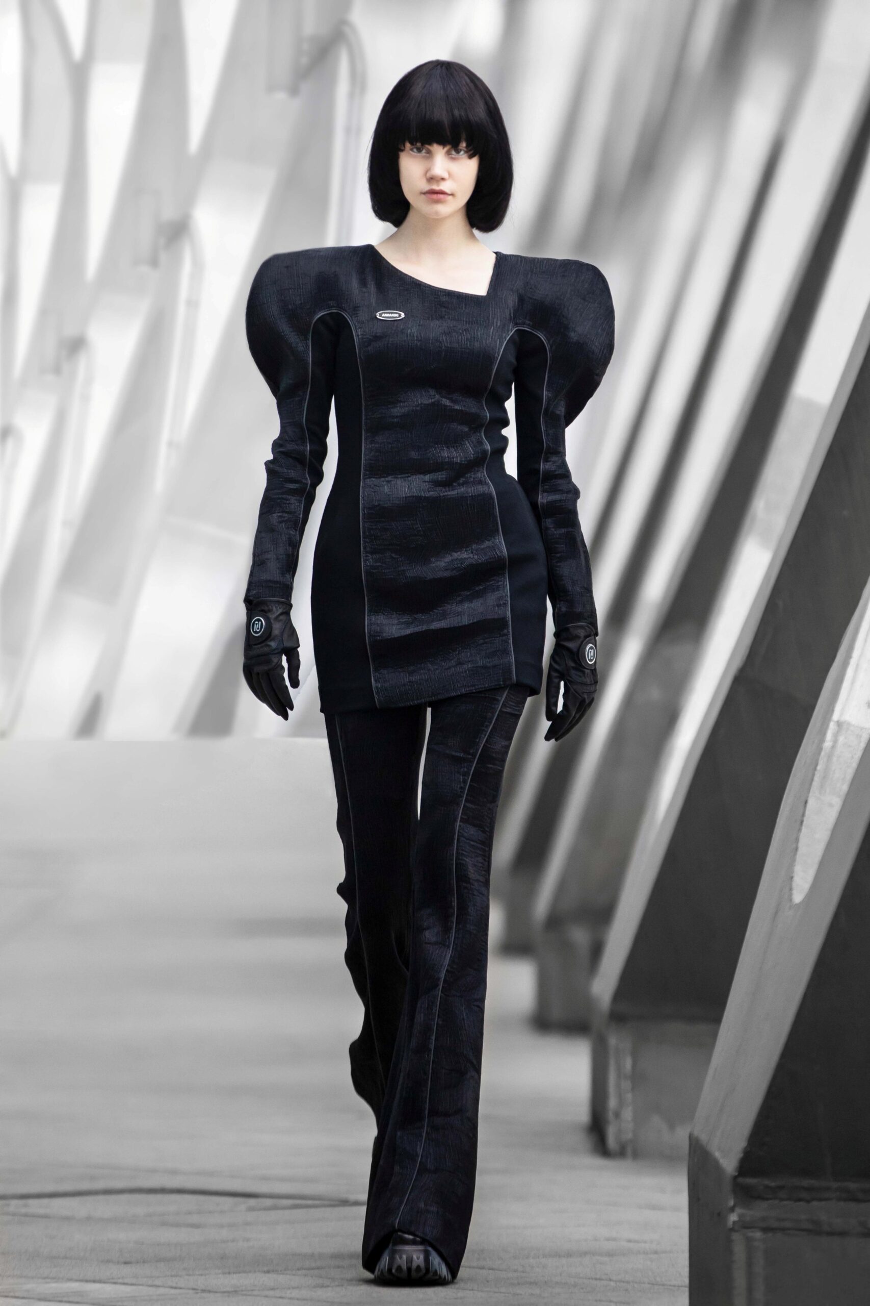 black fitted dress with gloves