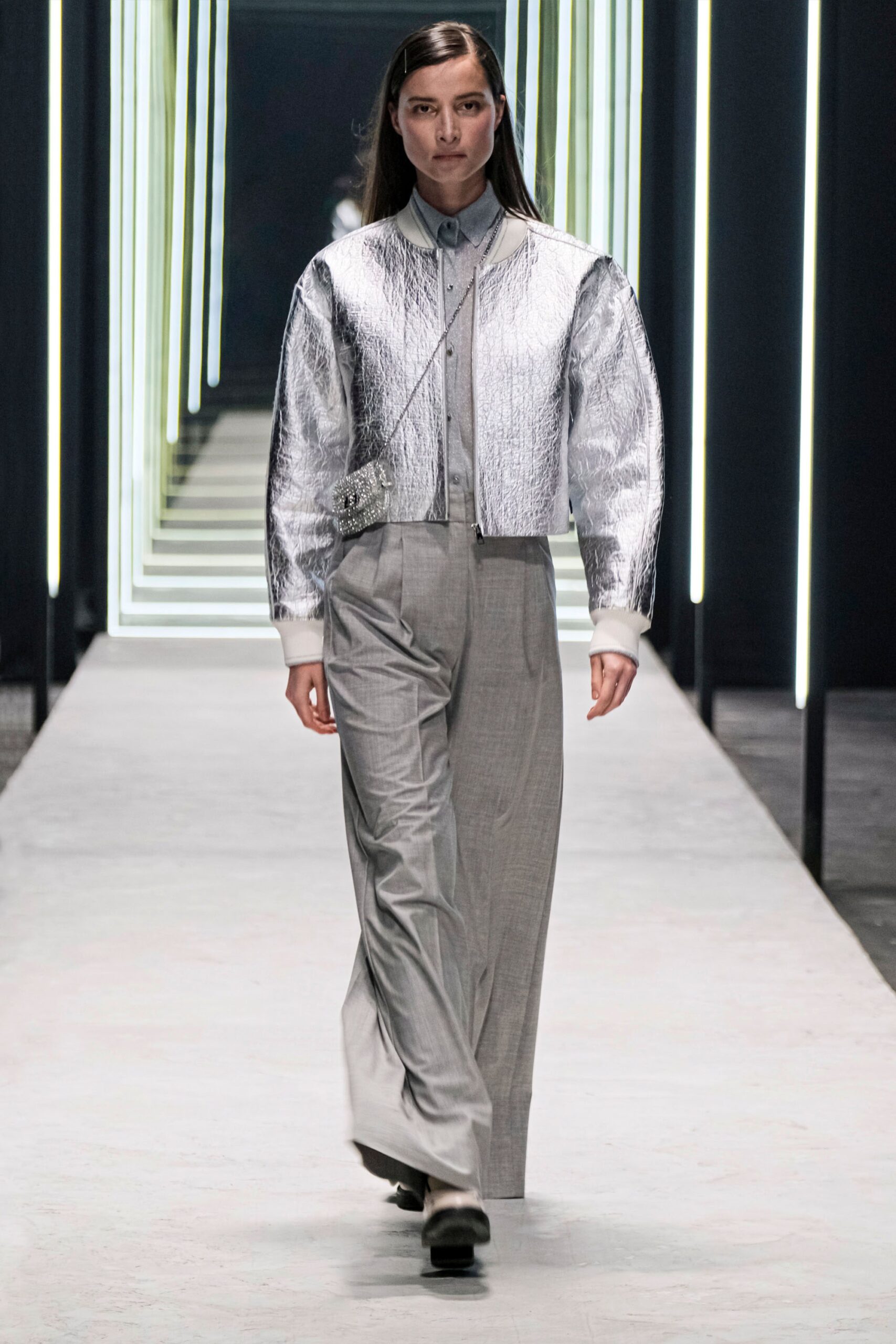 gray metallic long-sleeve collared fitted zippered shiny jacket