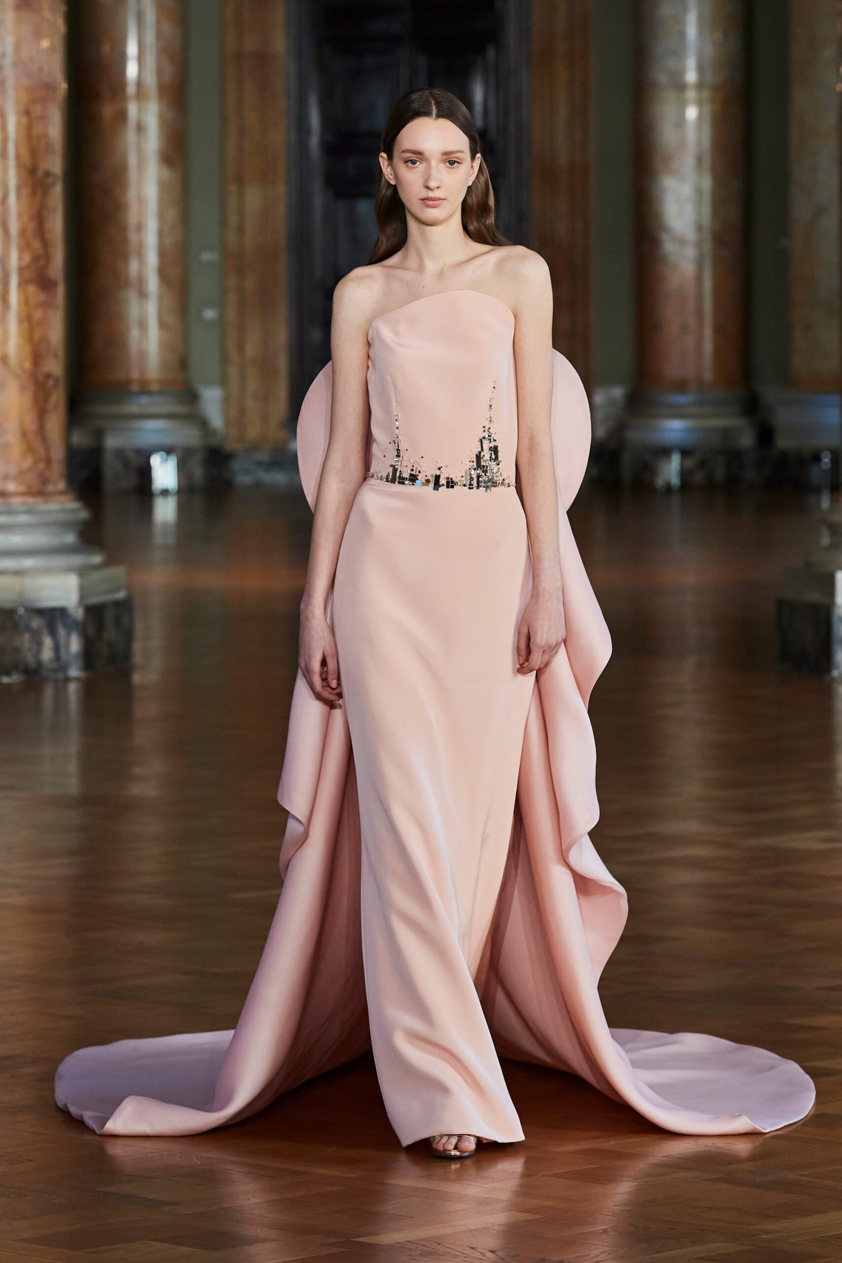 pink silk strapless gown
