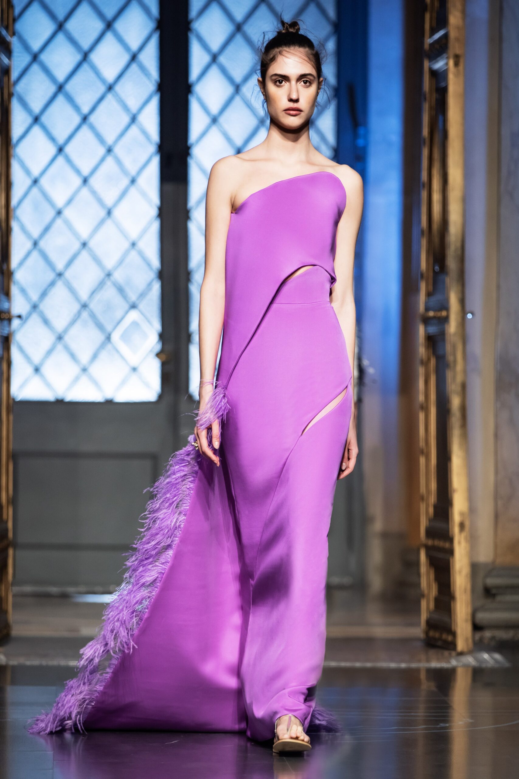 purple silk asymmetric gown