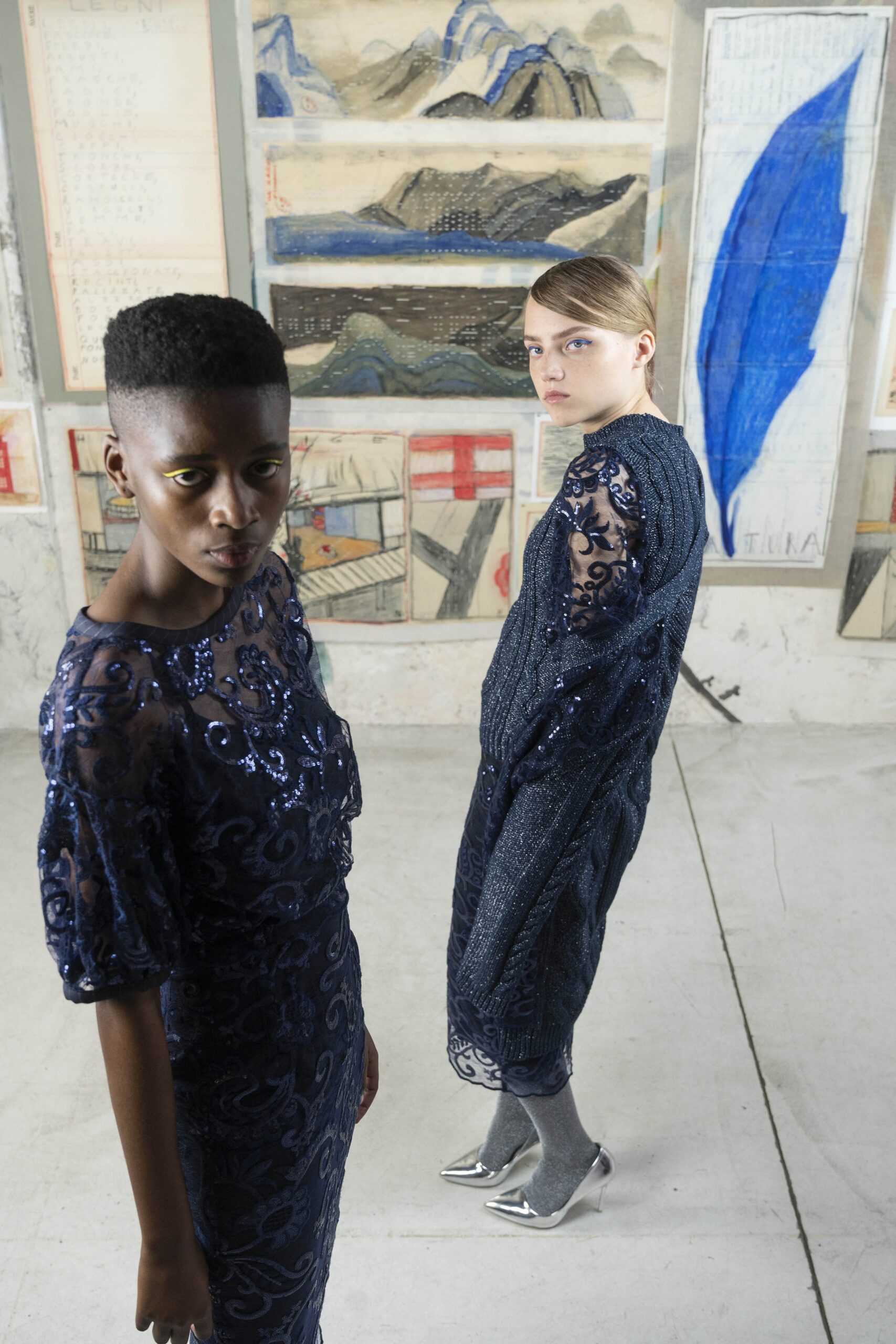 blue silk short-sleeve v-neck fitted embroidered shiny dress