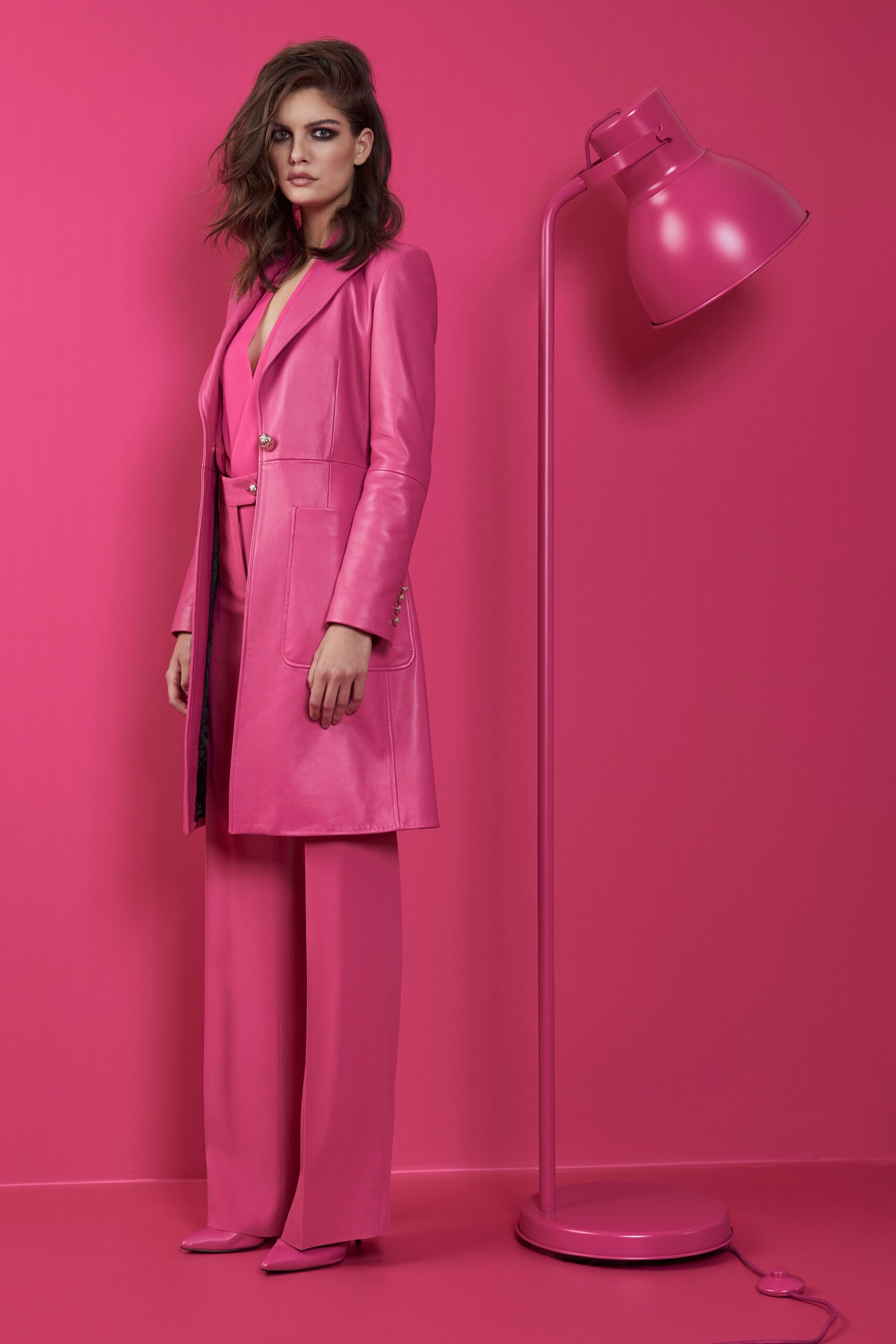 pink leather long-sleeve collared tailored buttoned blazer