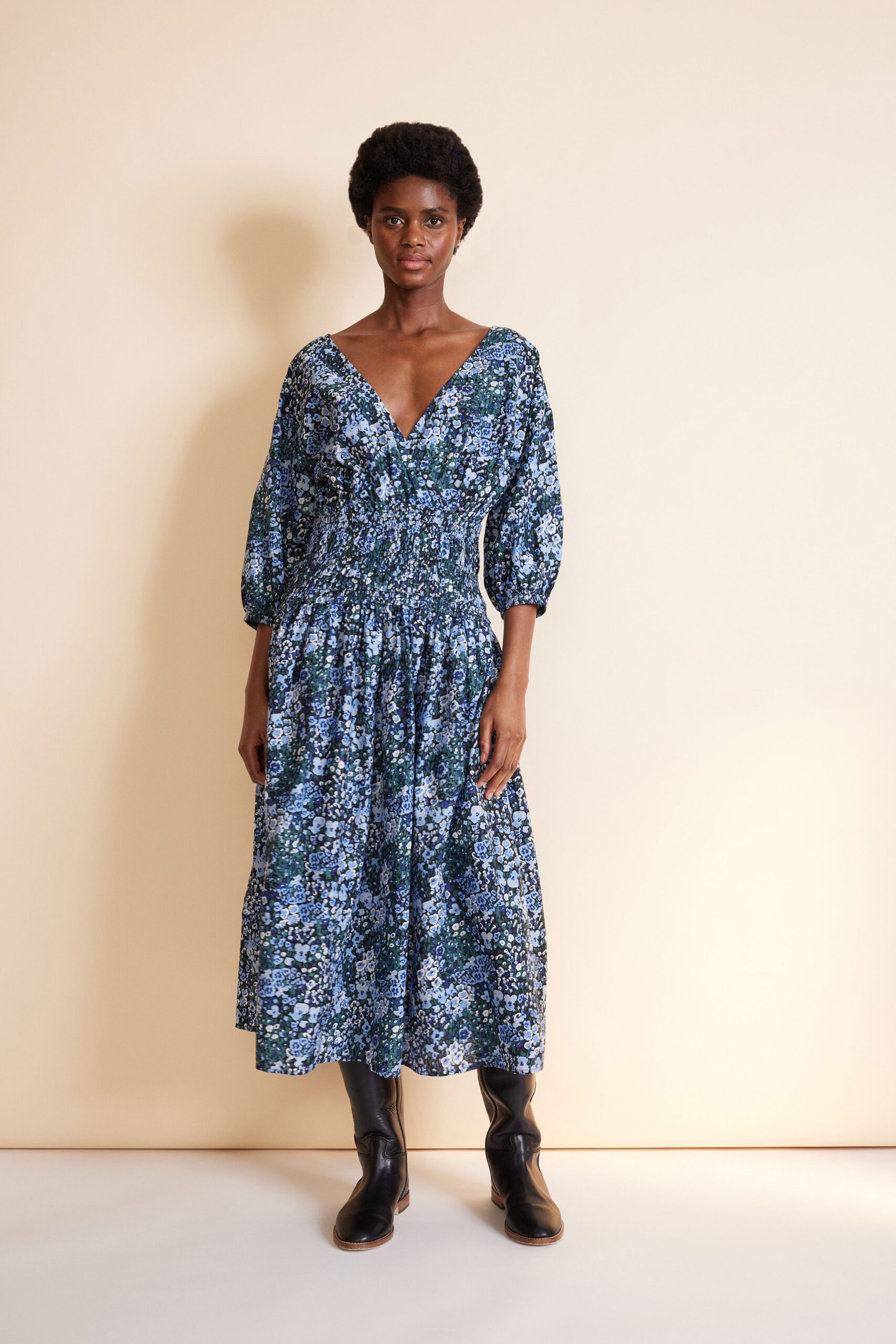 floral midi dress with black boots