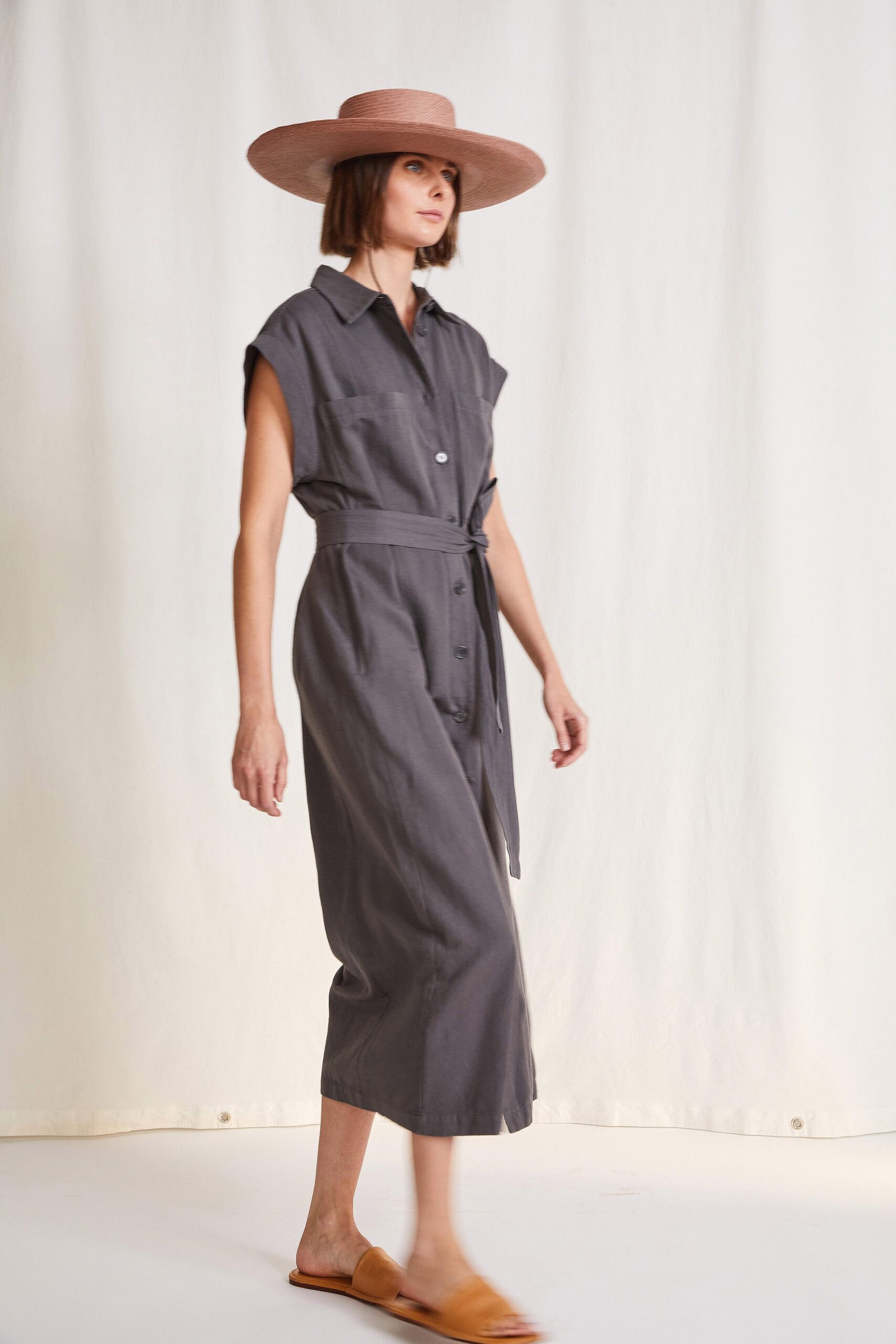 gray cotton short-sleeve collared fitted belted a-line dress