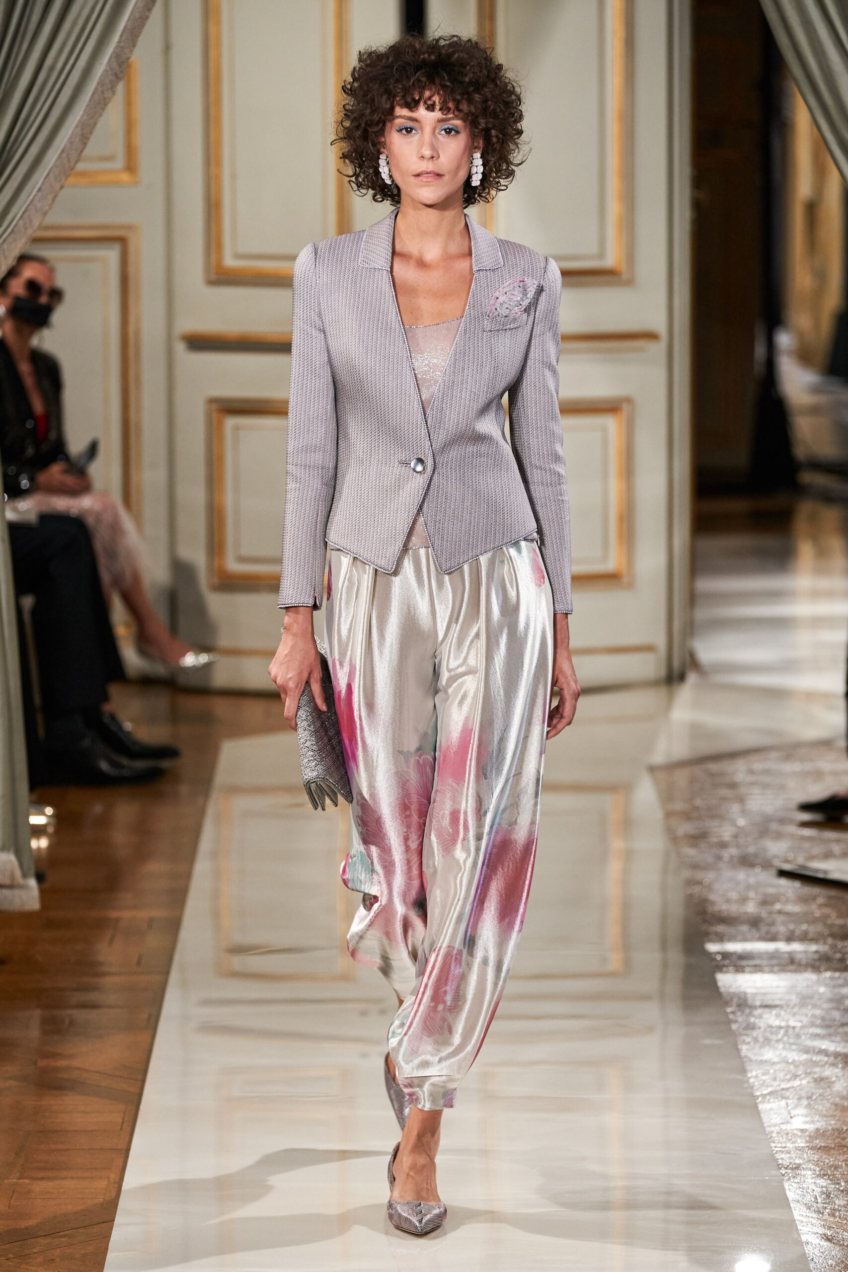 gray tailored blazer with multi silk pants
