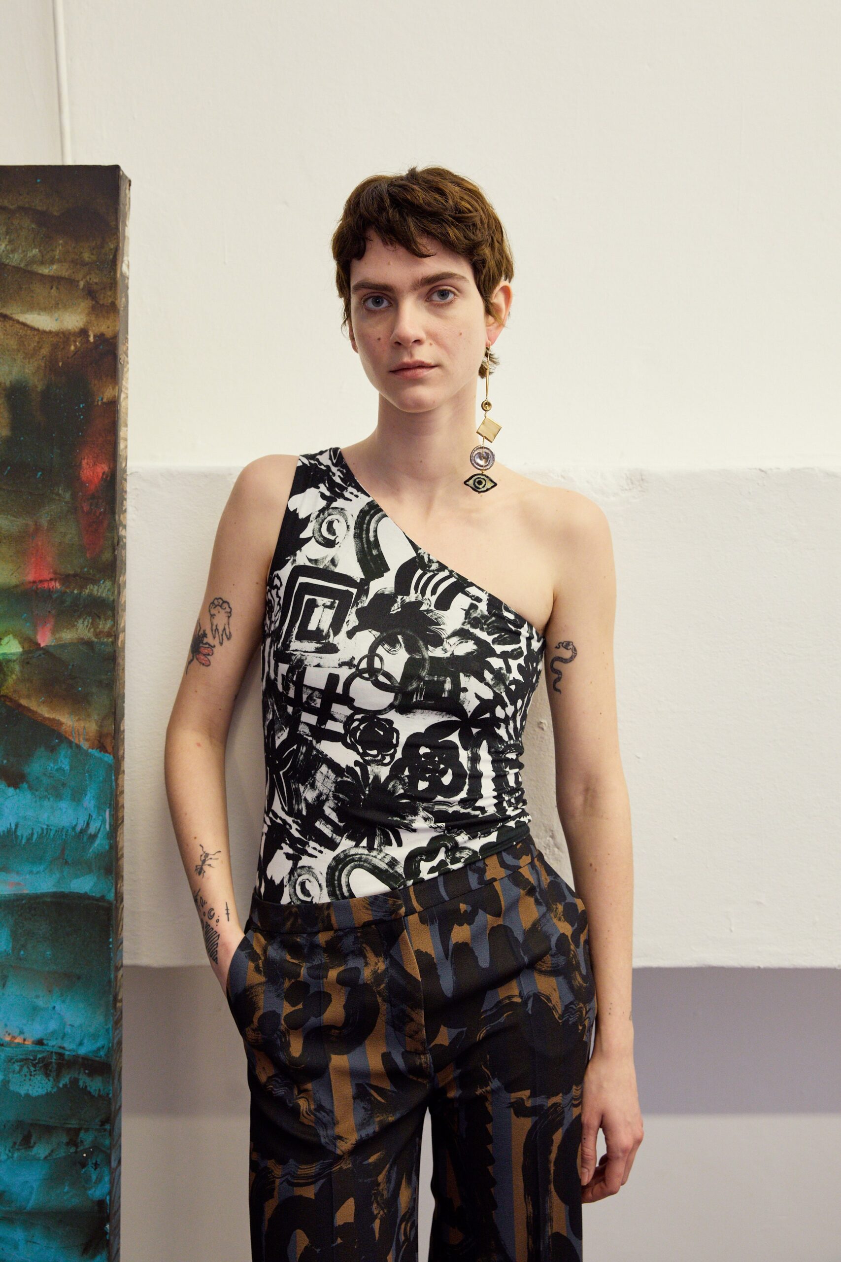 asymmetric printed top with wide-leg pants