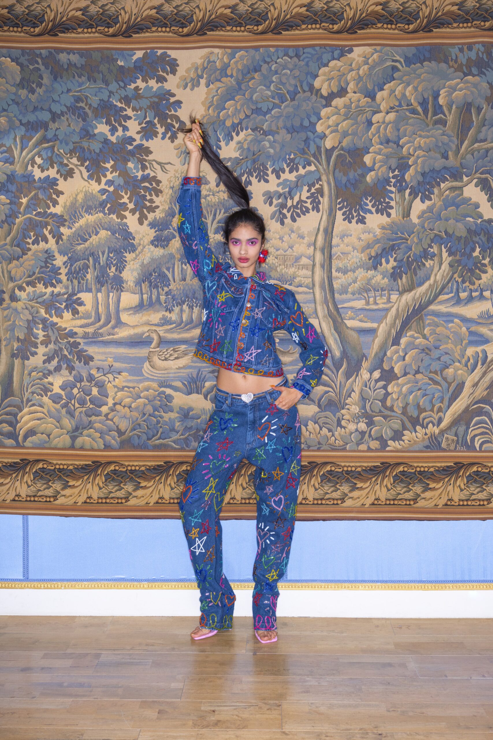 blue denim long-sleeve collared fitted embroidered jacket