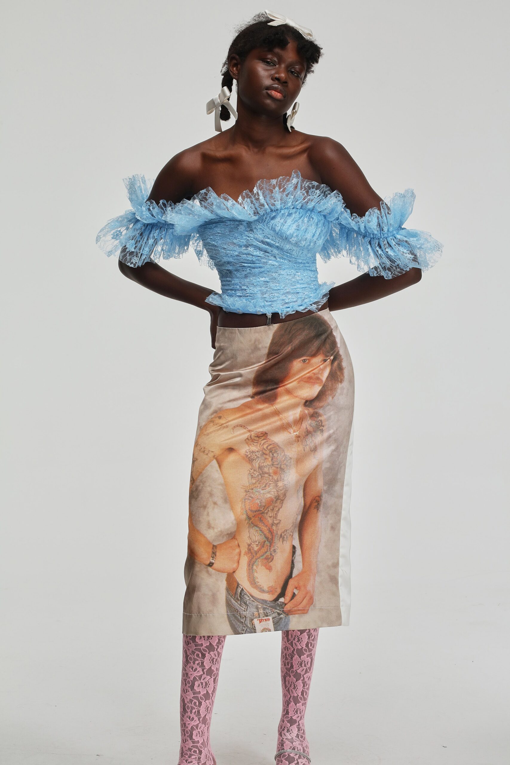 beige cotton fitted printed skirt