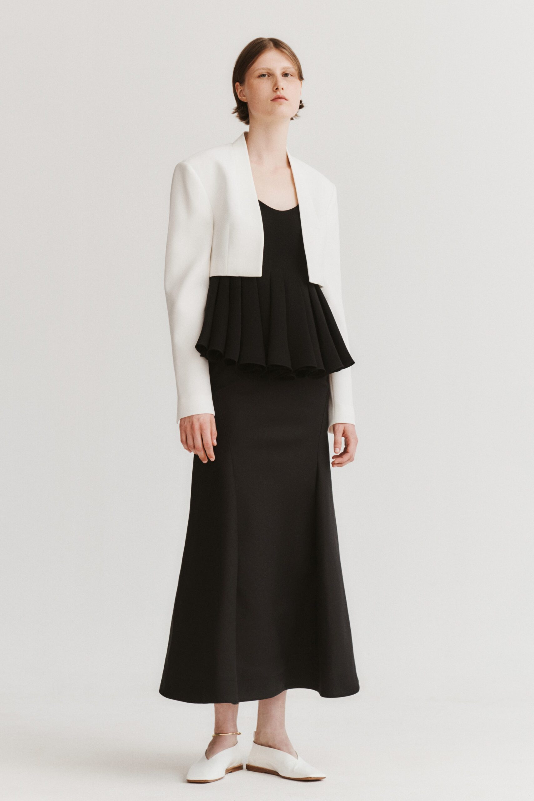 white cotton long-sleeve collared structured layered jacket