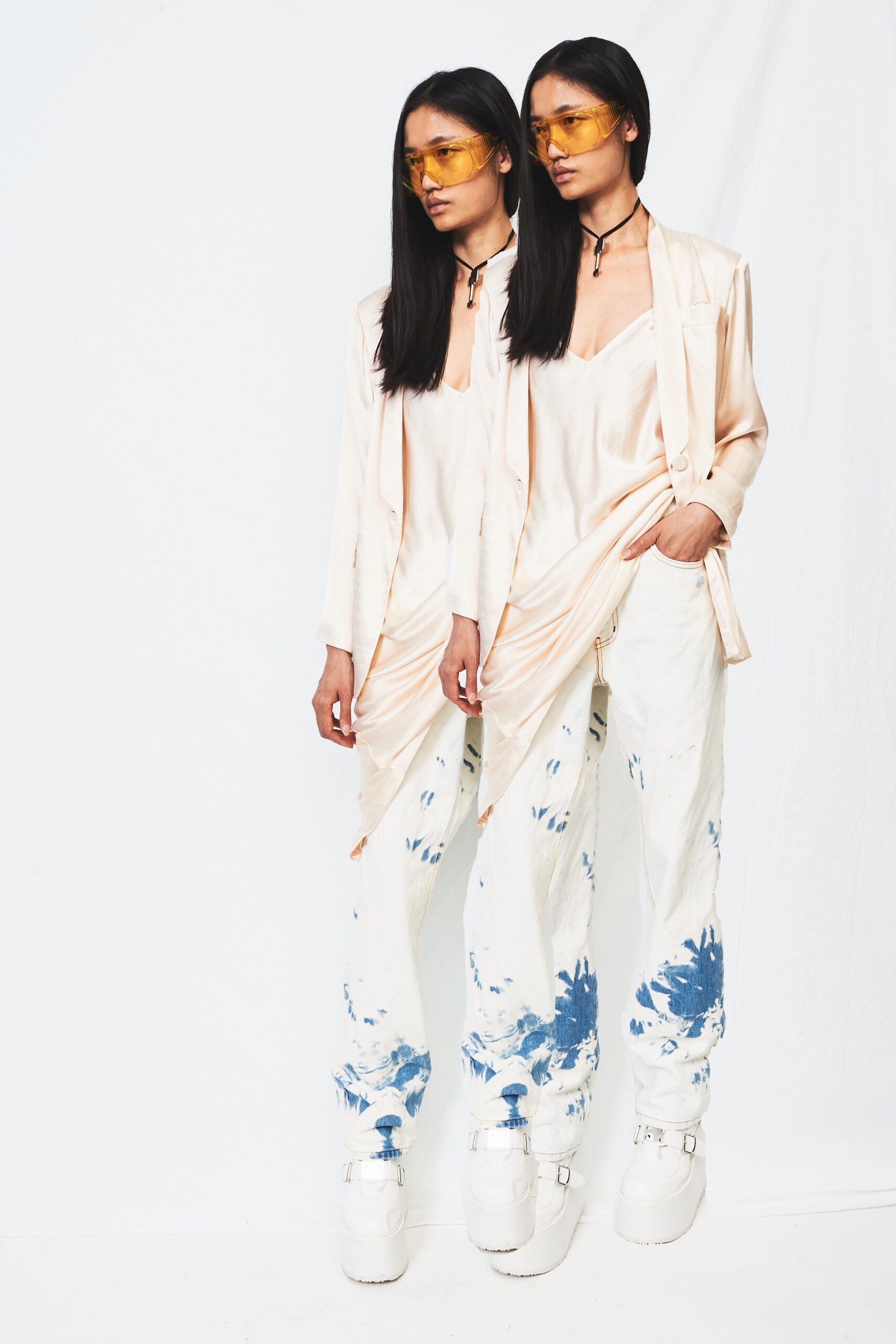 beige silk relaxed jacket with white top