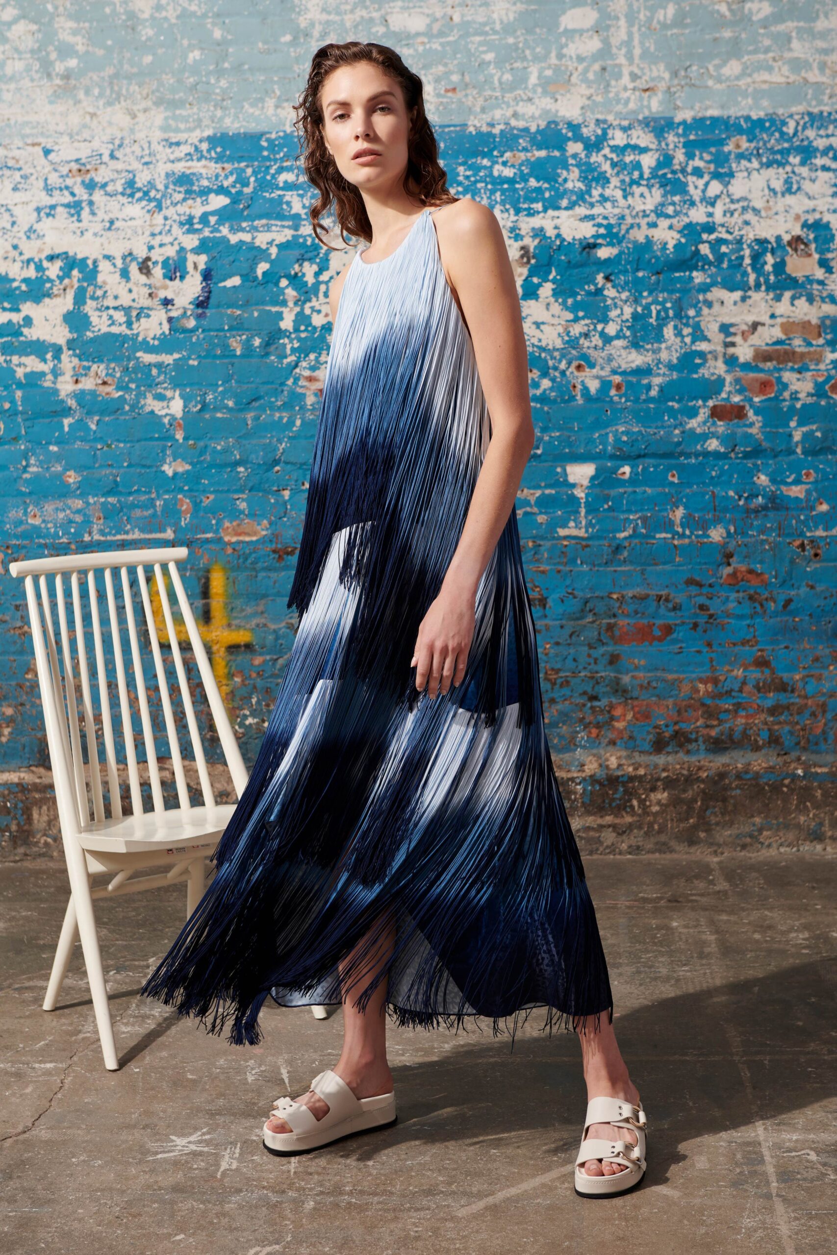 blue and white pleated maxi dress