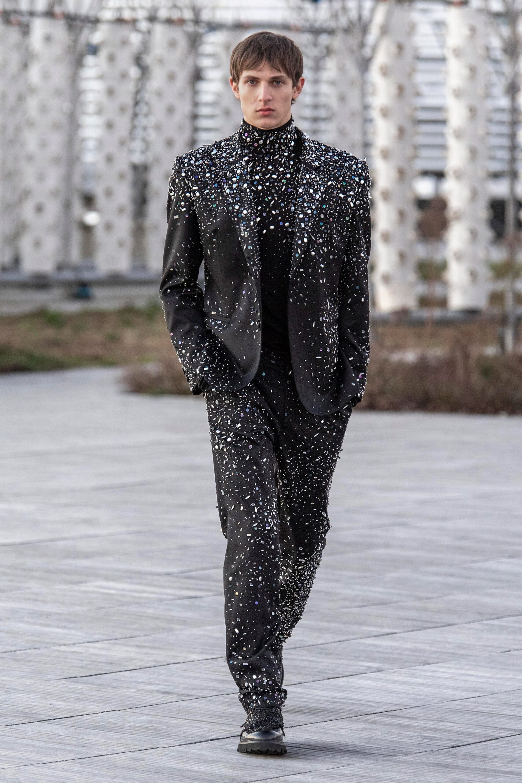 black wool tailored beaded shiny pants