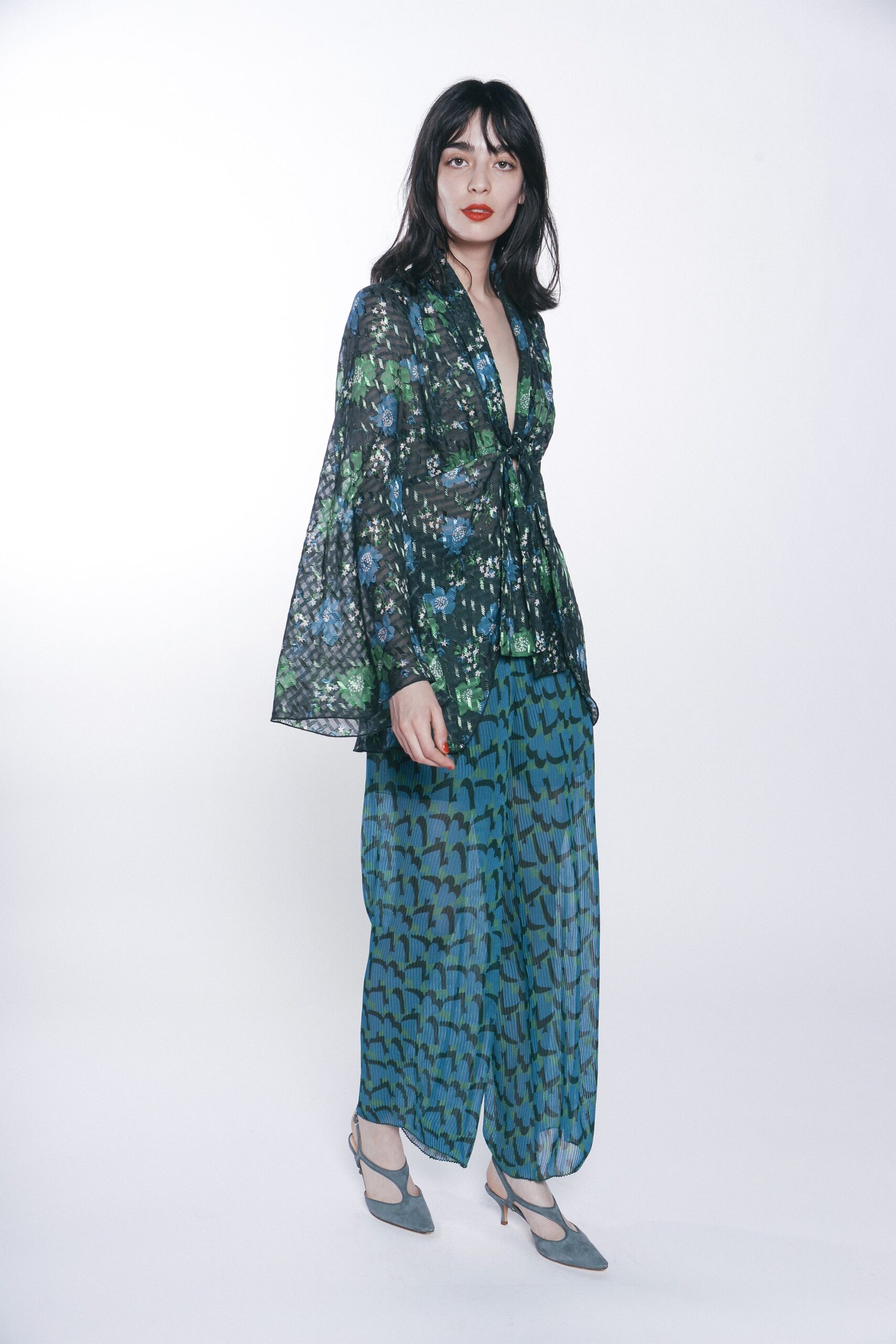 flowing green and blue top with wide-leg pants