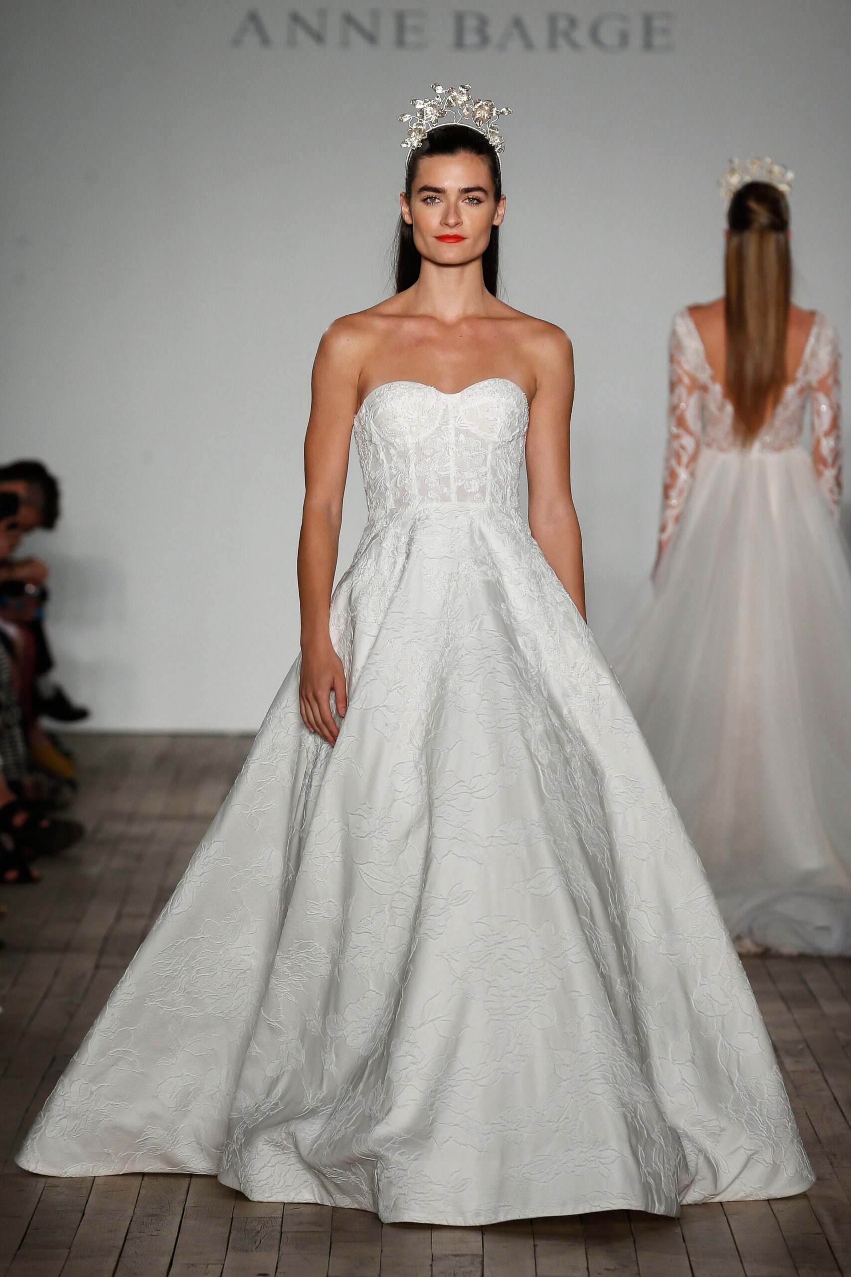 white strapless embroidered gown