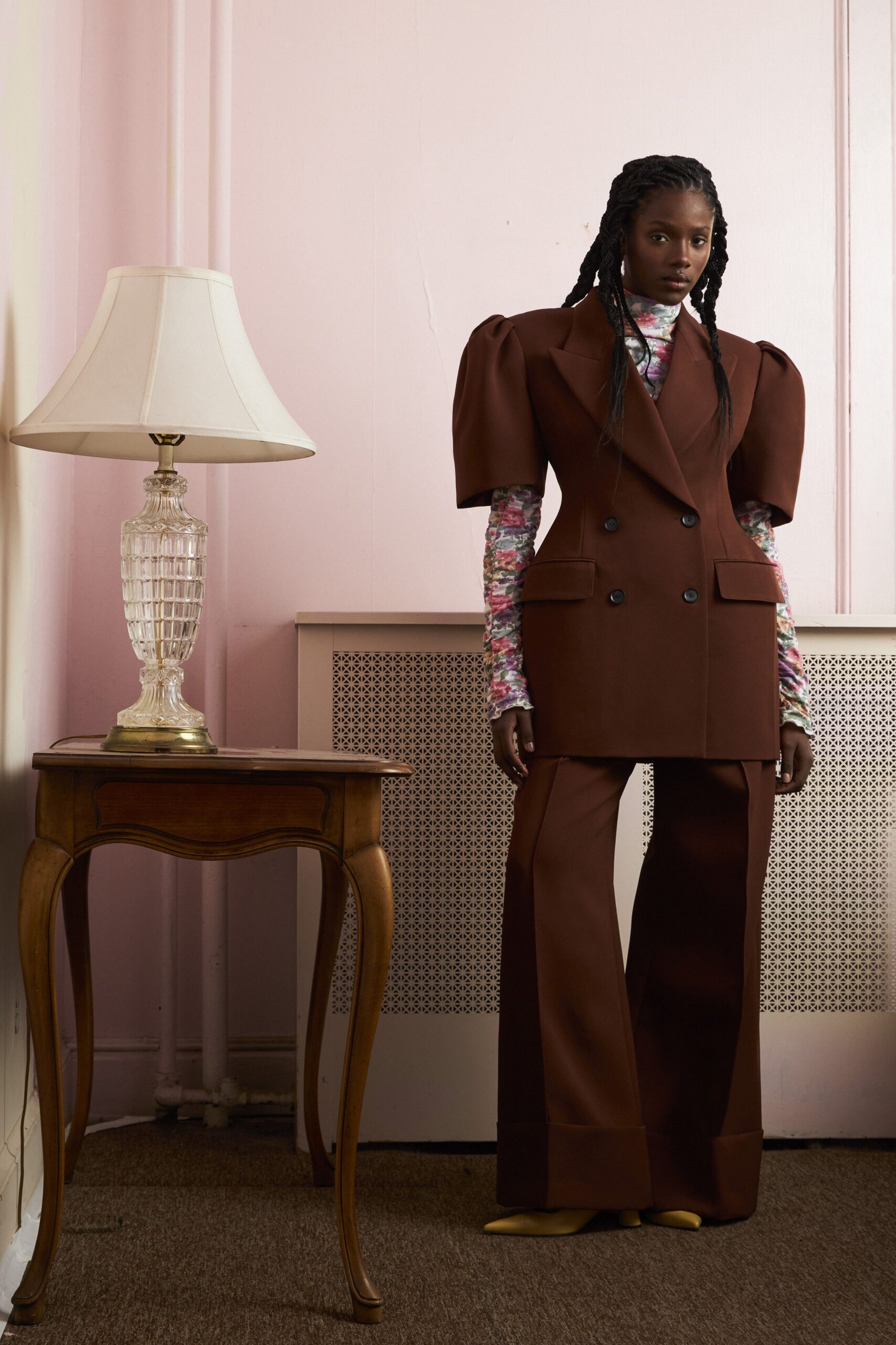 brown tailored blazer and pants