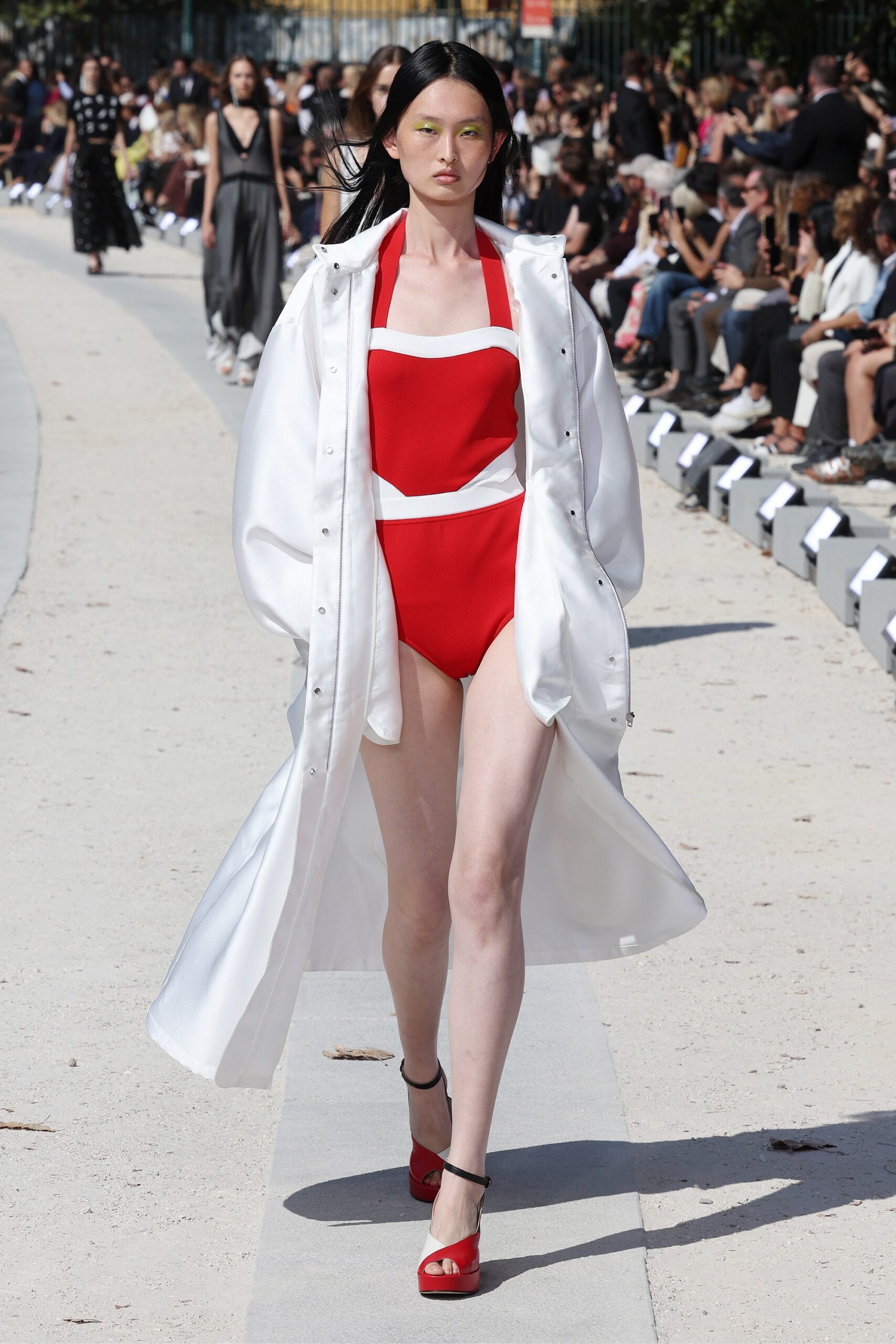 red cotton sleeveless high-neck fitted color-blocked swimsuit