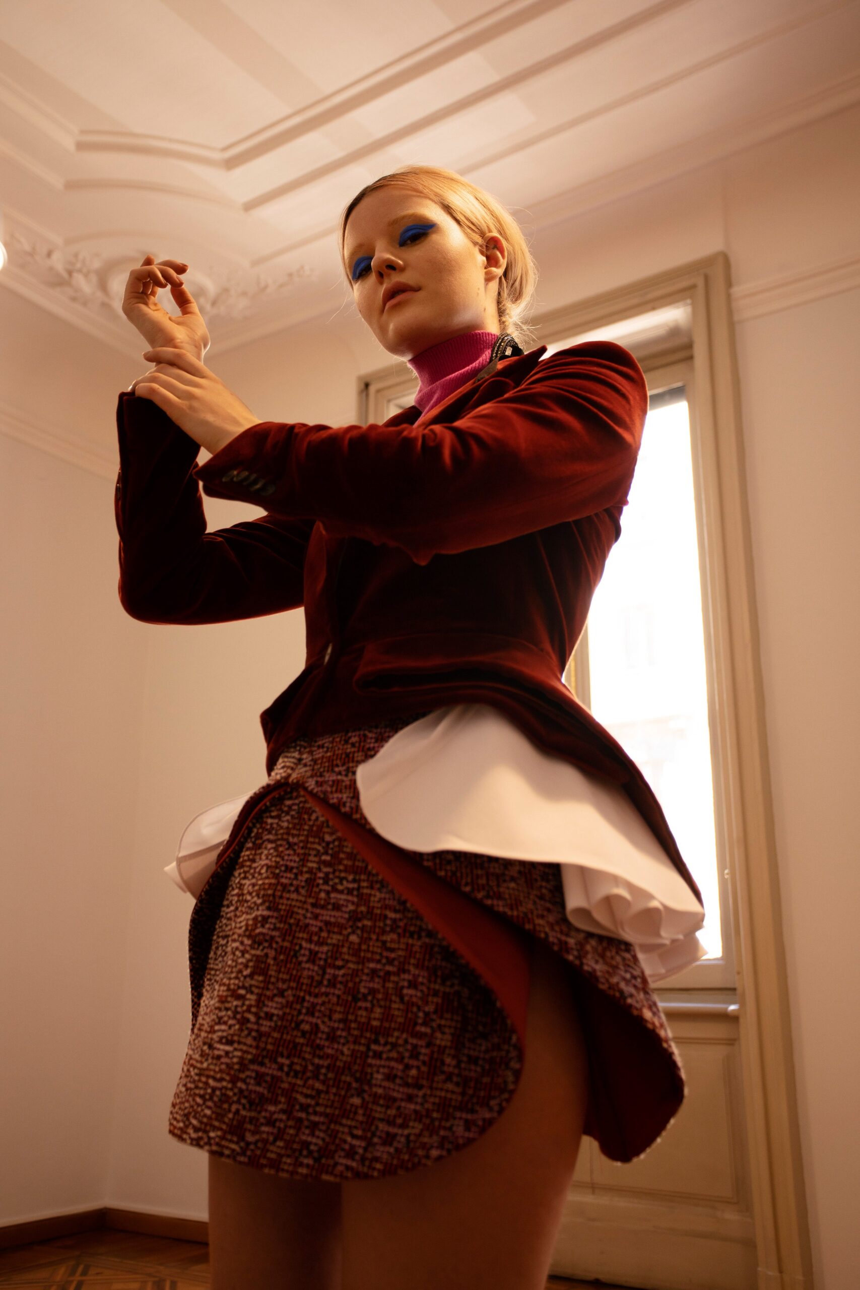 red velvet long-sleeve collared fitted buttoned blazer