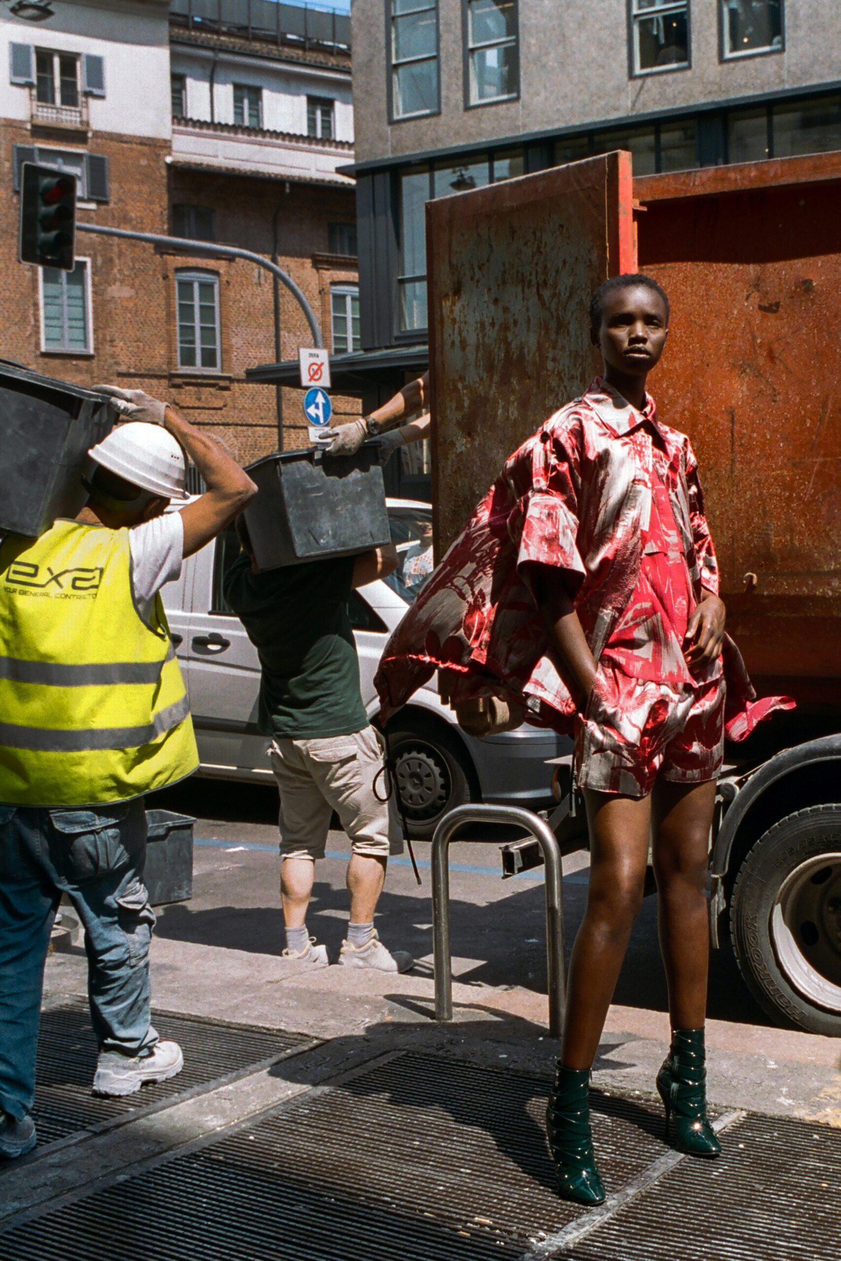 red and white flared dress with cape