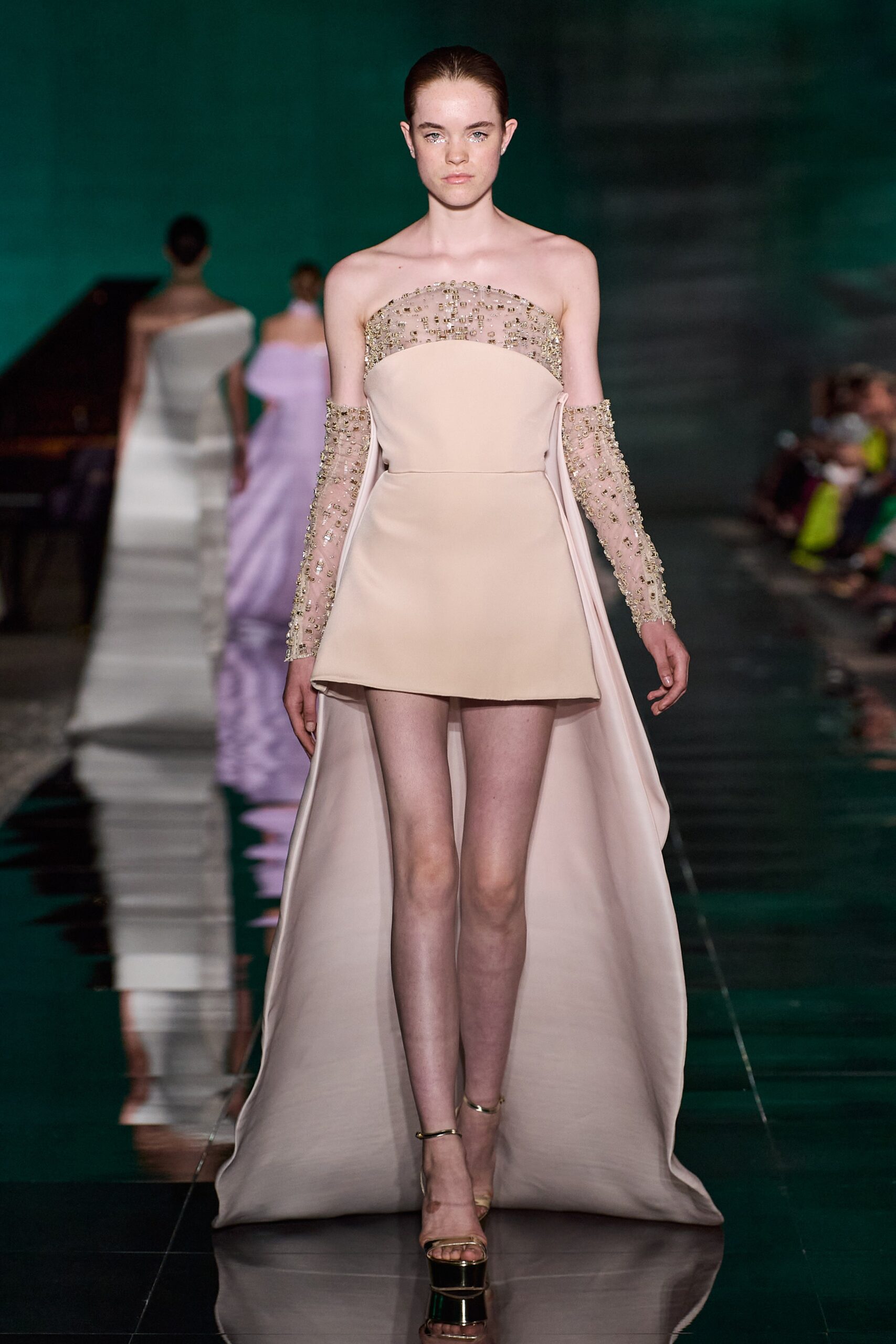 beige embellished strapless dress