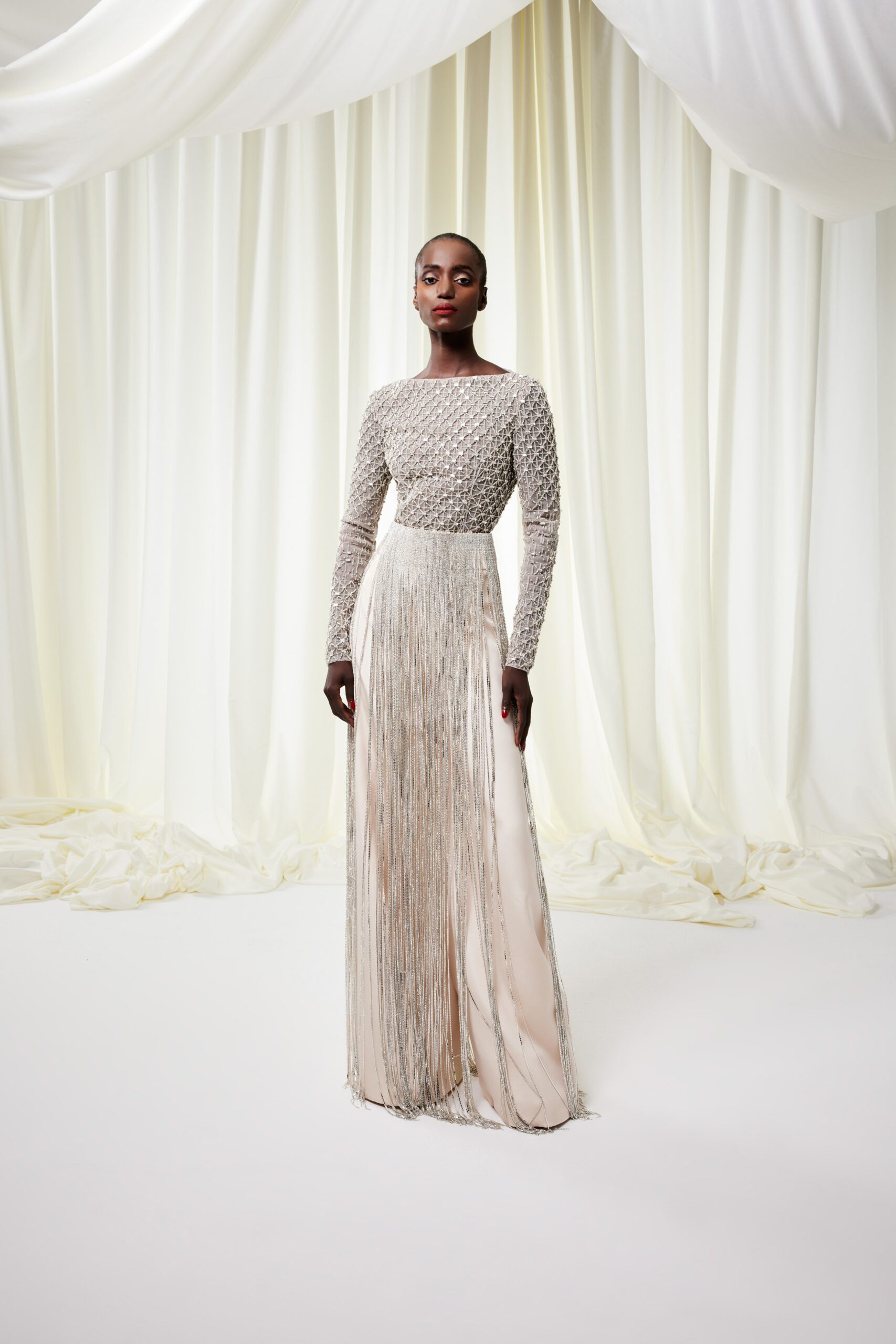 beige silk fitted gown