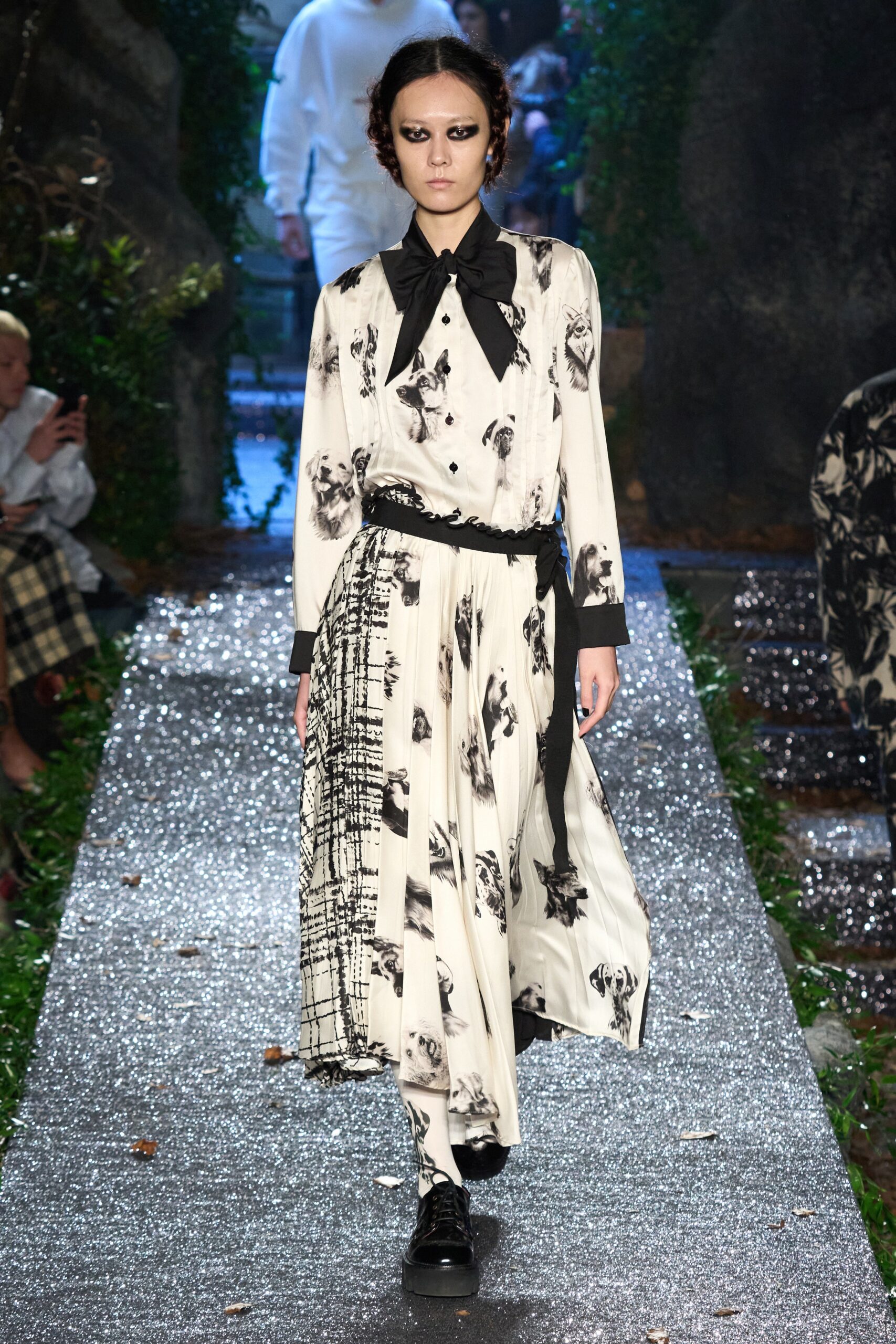 white and black printed midi dress