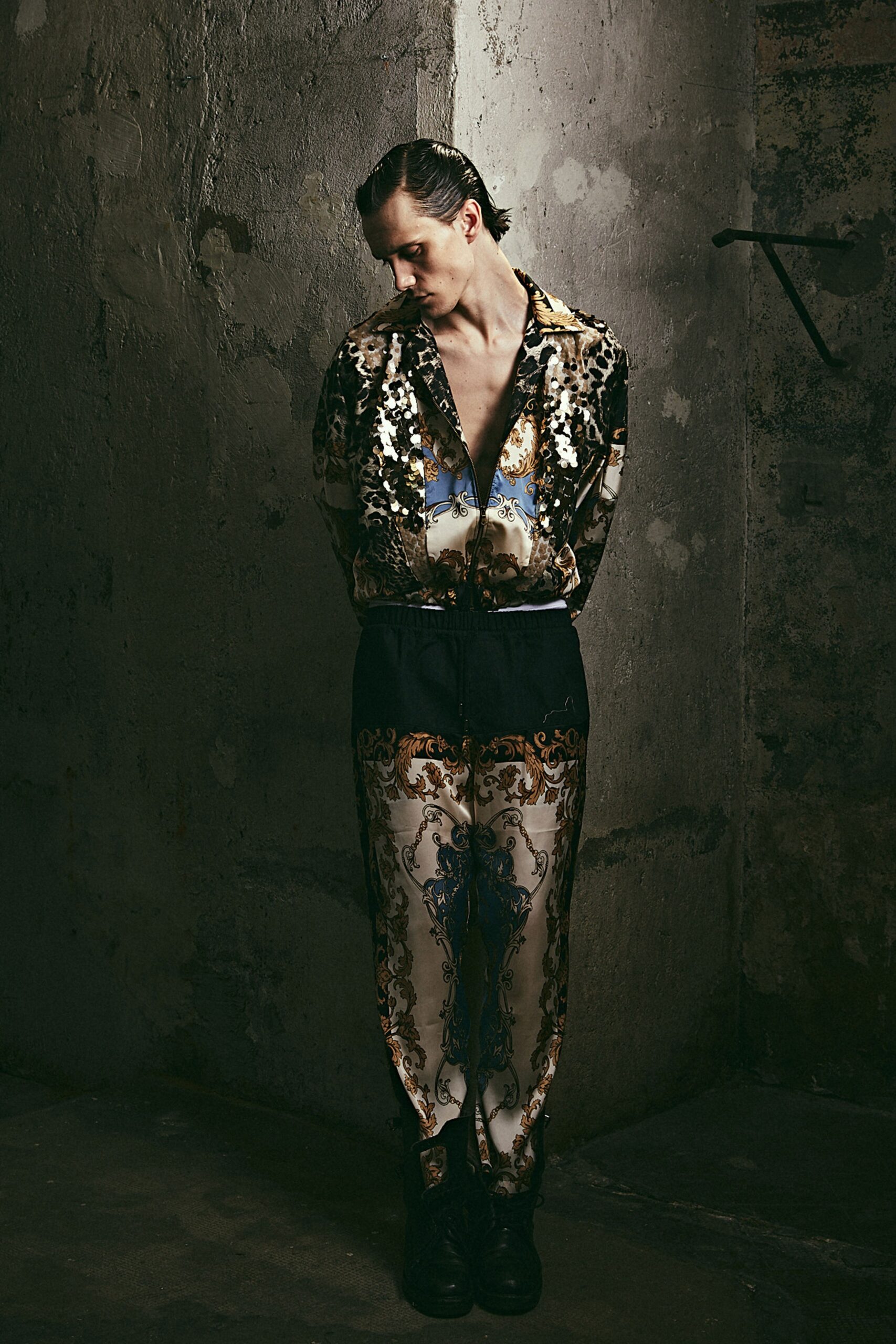 printed black and gold silk outfit