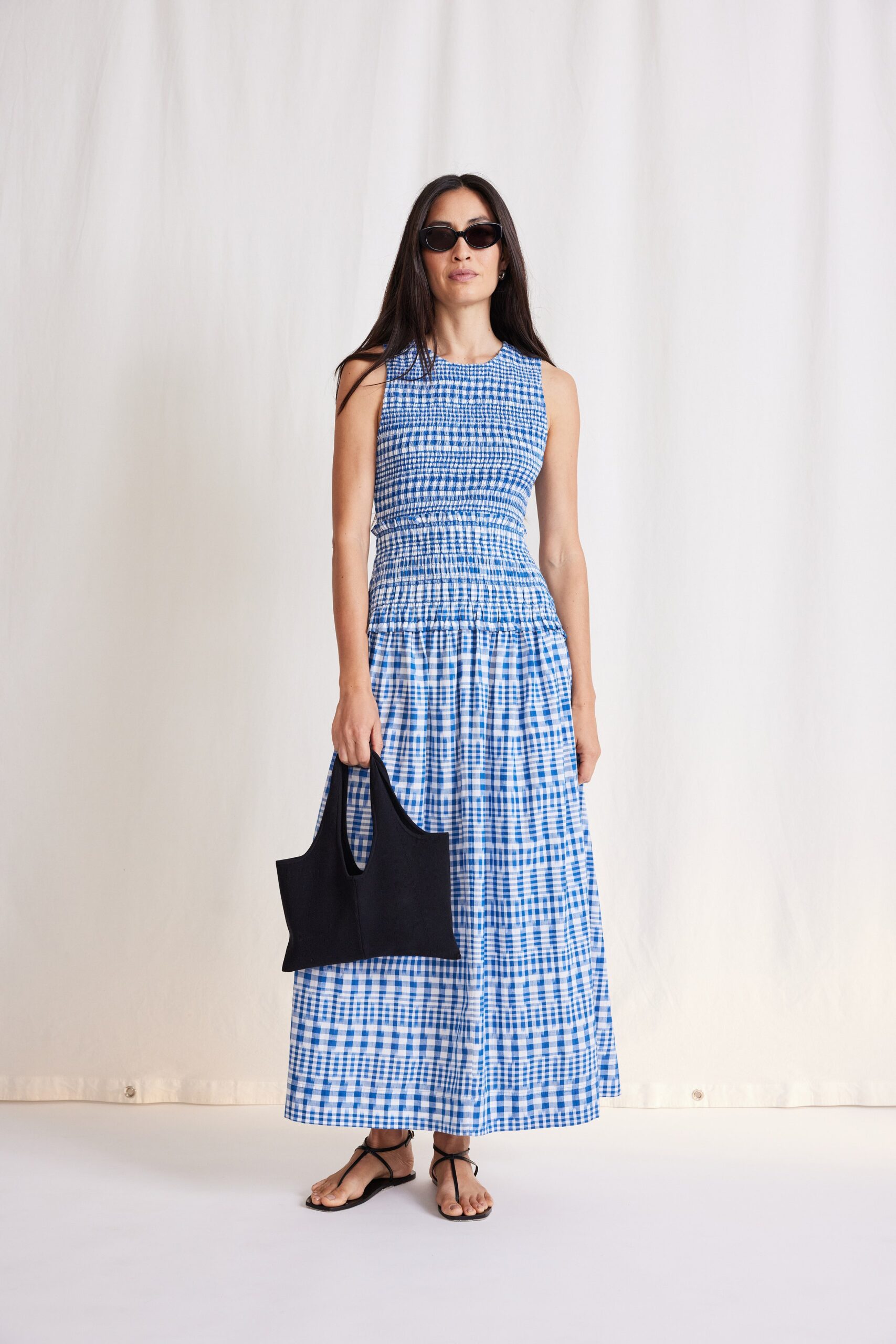 blue and white tiered maxi dress