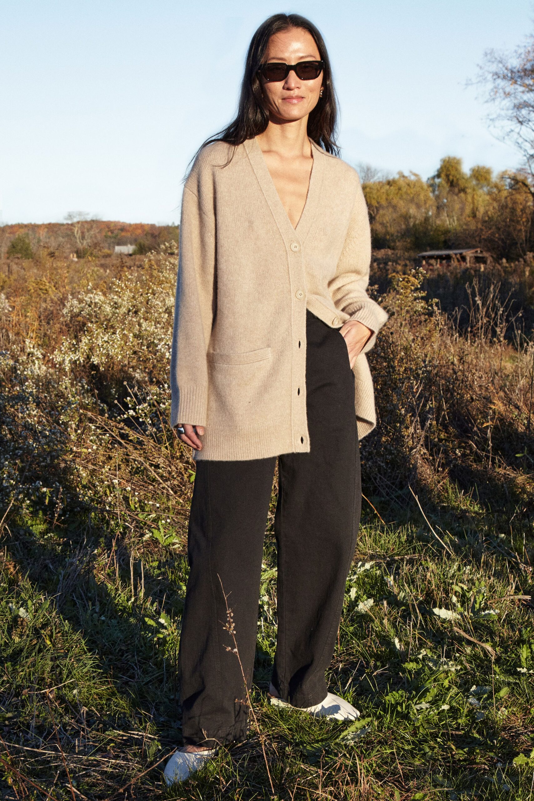 beige wool long-sleeve v-neck relaxed buttoned cardigan