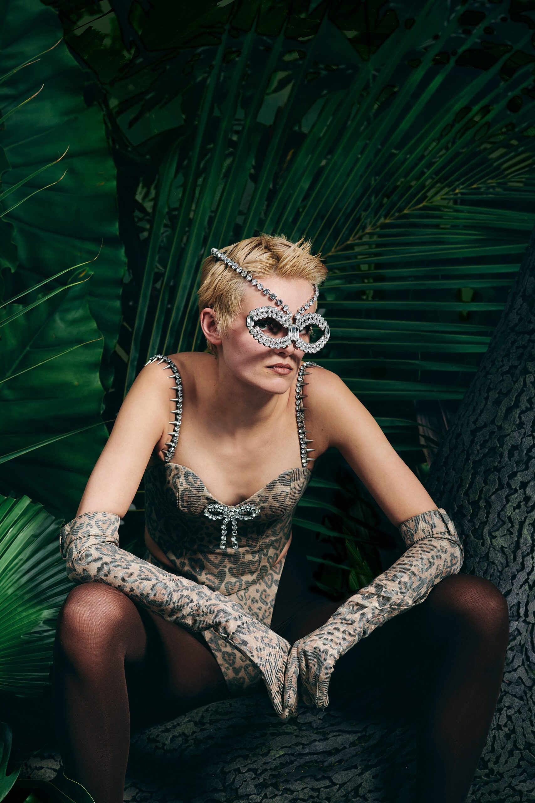 beige animal-print bodysuit with gloves