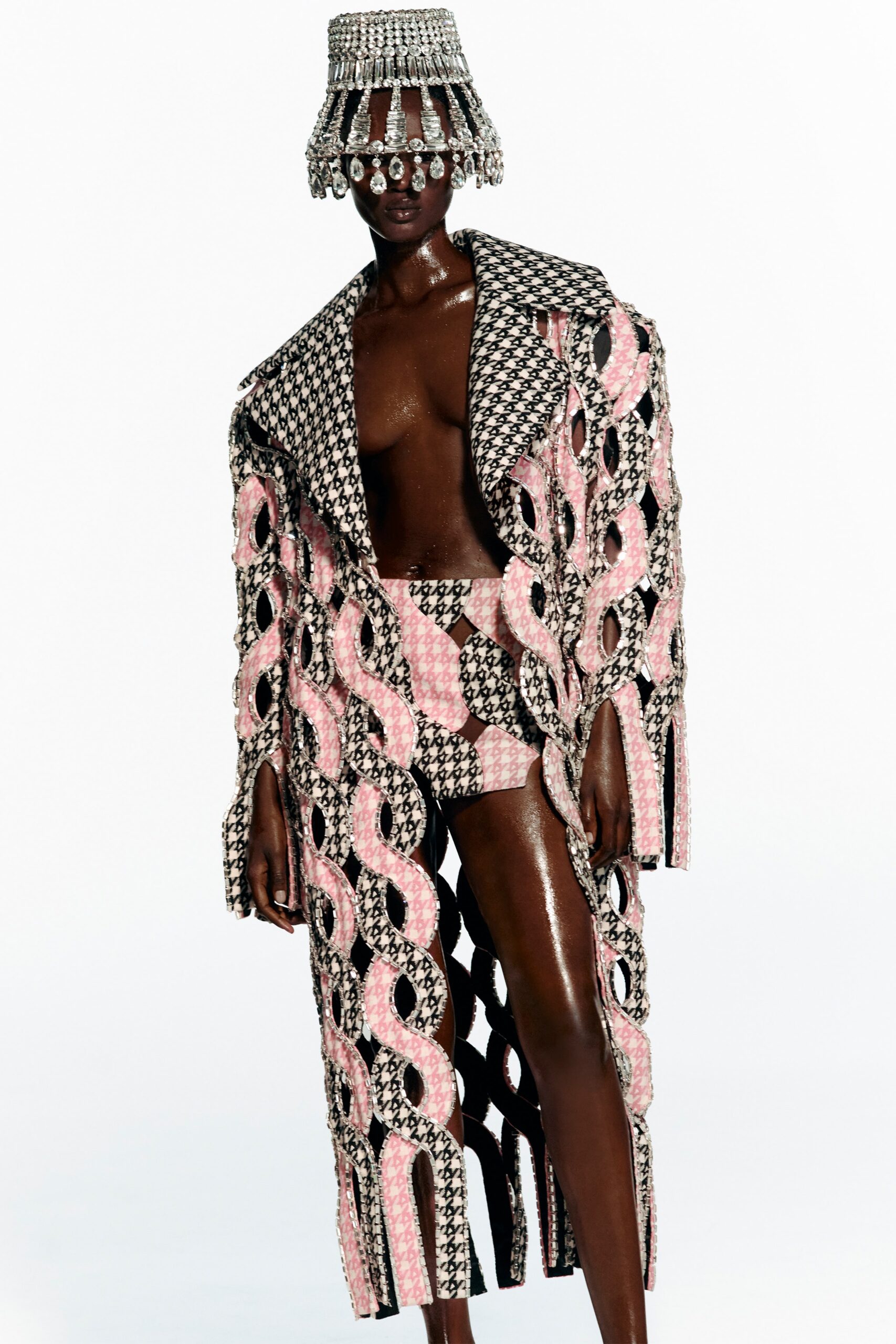 black cotton long-sleeve collared relaxed fringed layered coat