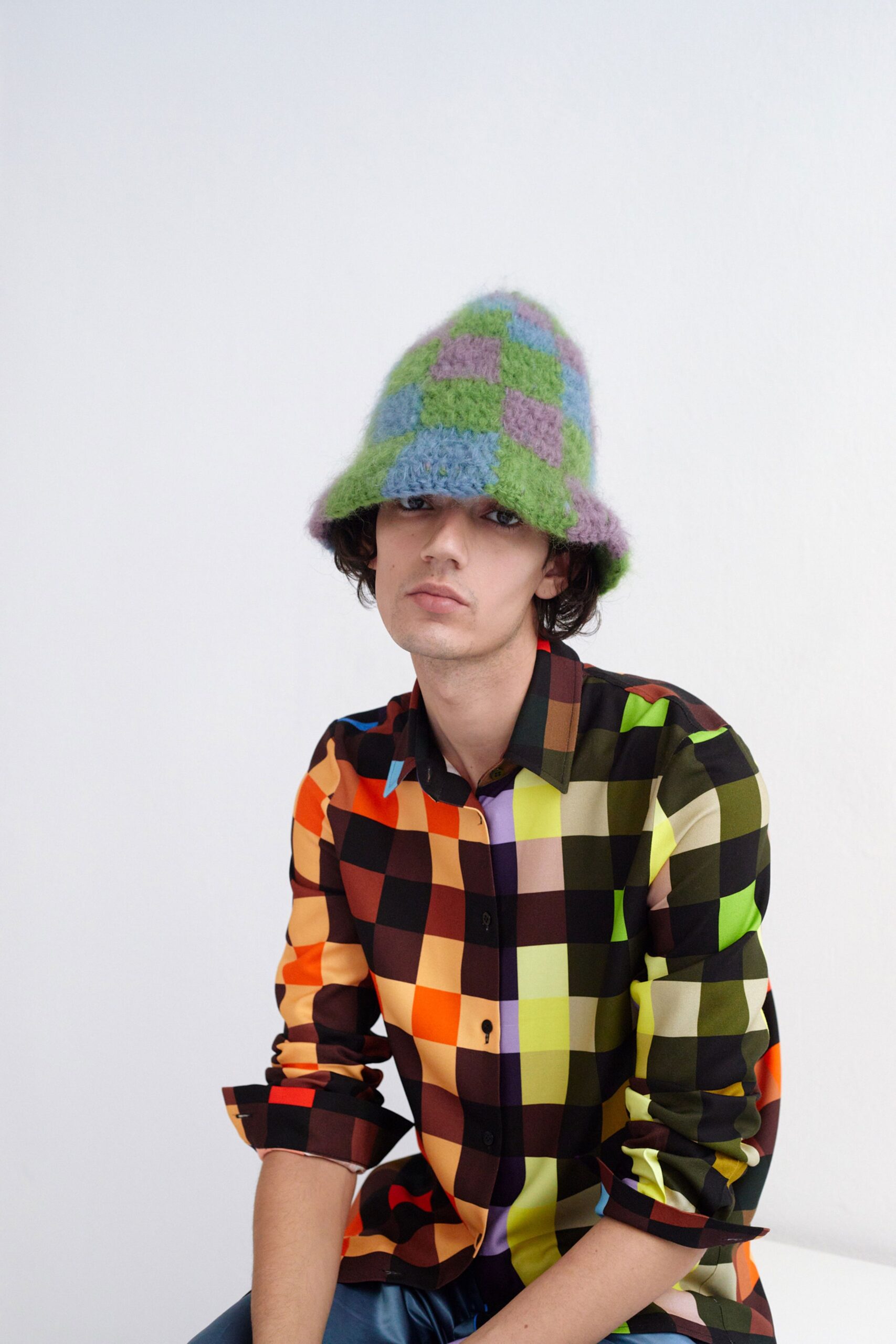 colorful checked shirt and hat