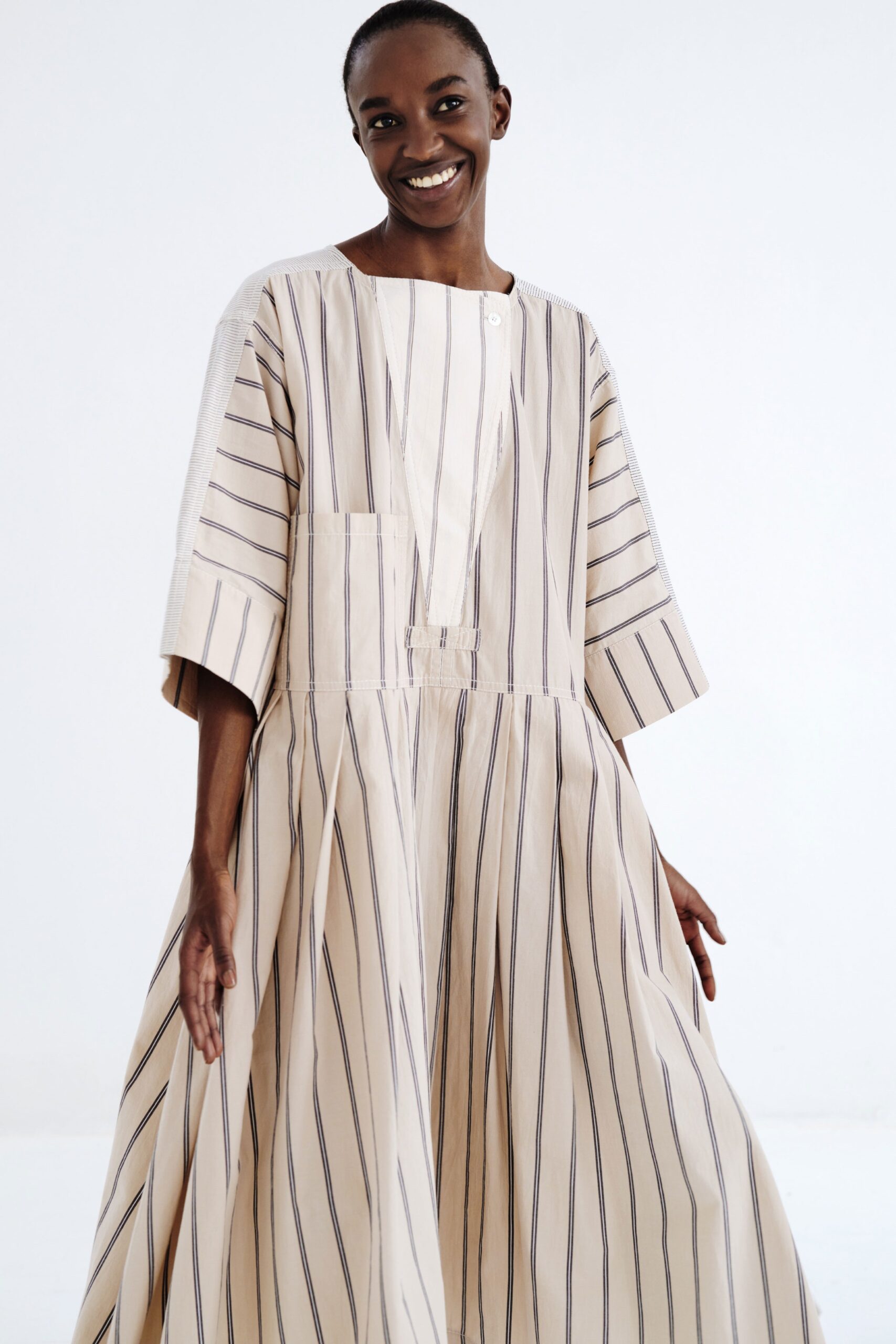 beige and blue striped maxi dress