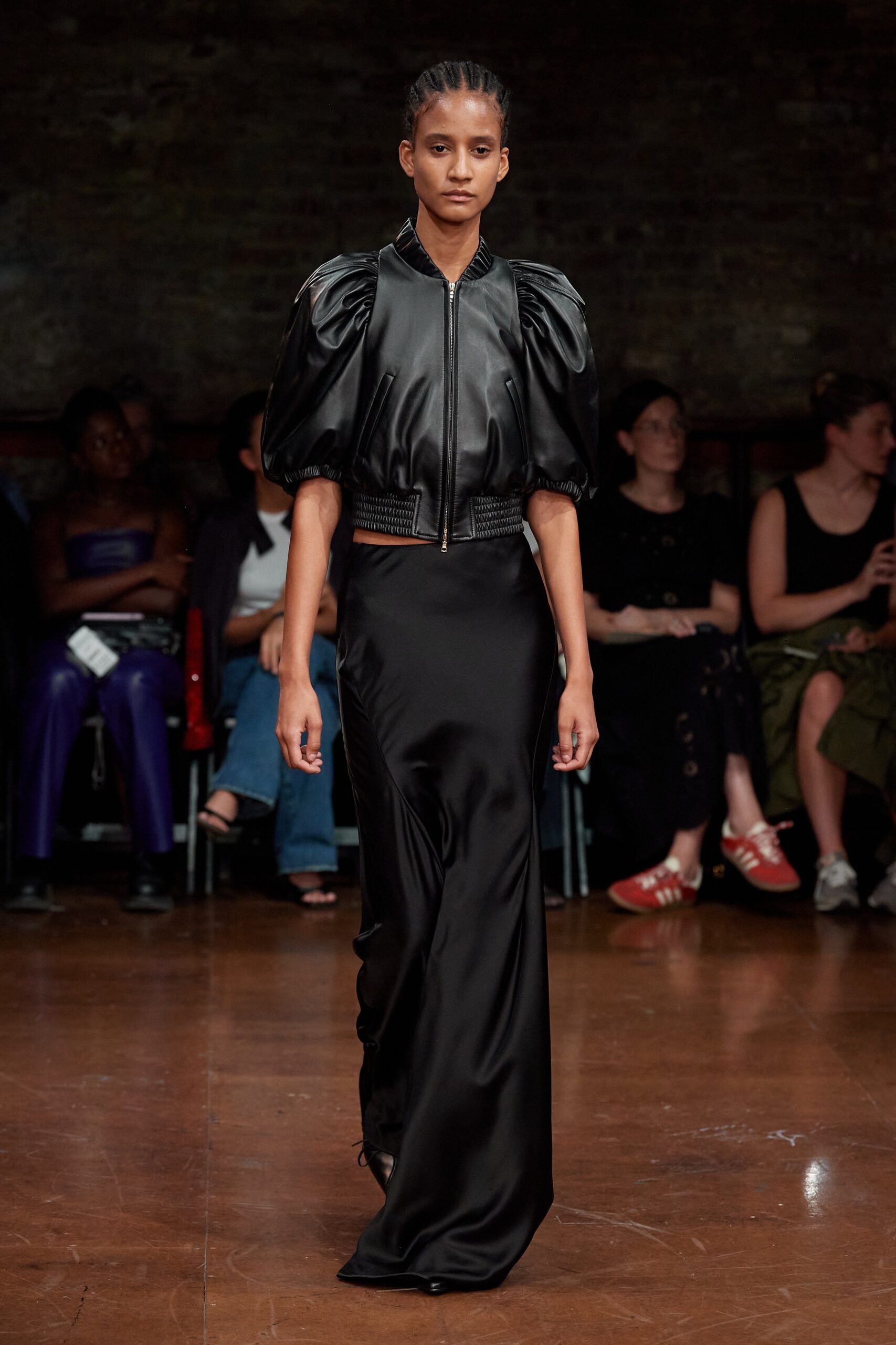 black leather top and satin dress