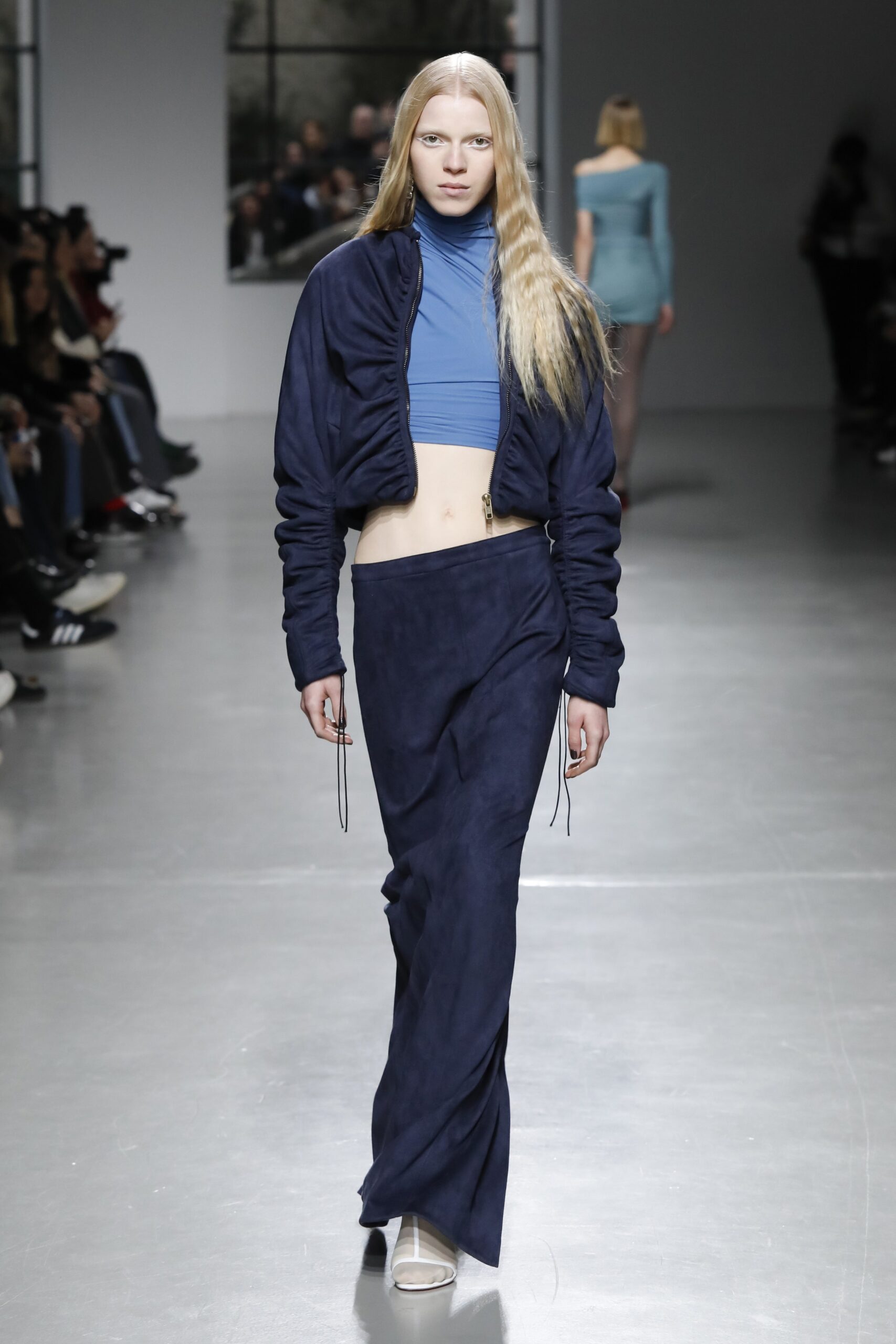 blue cropped top and relaxed pants