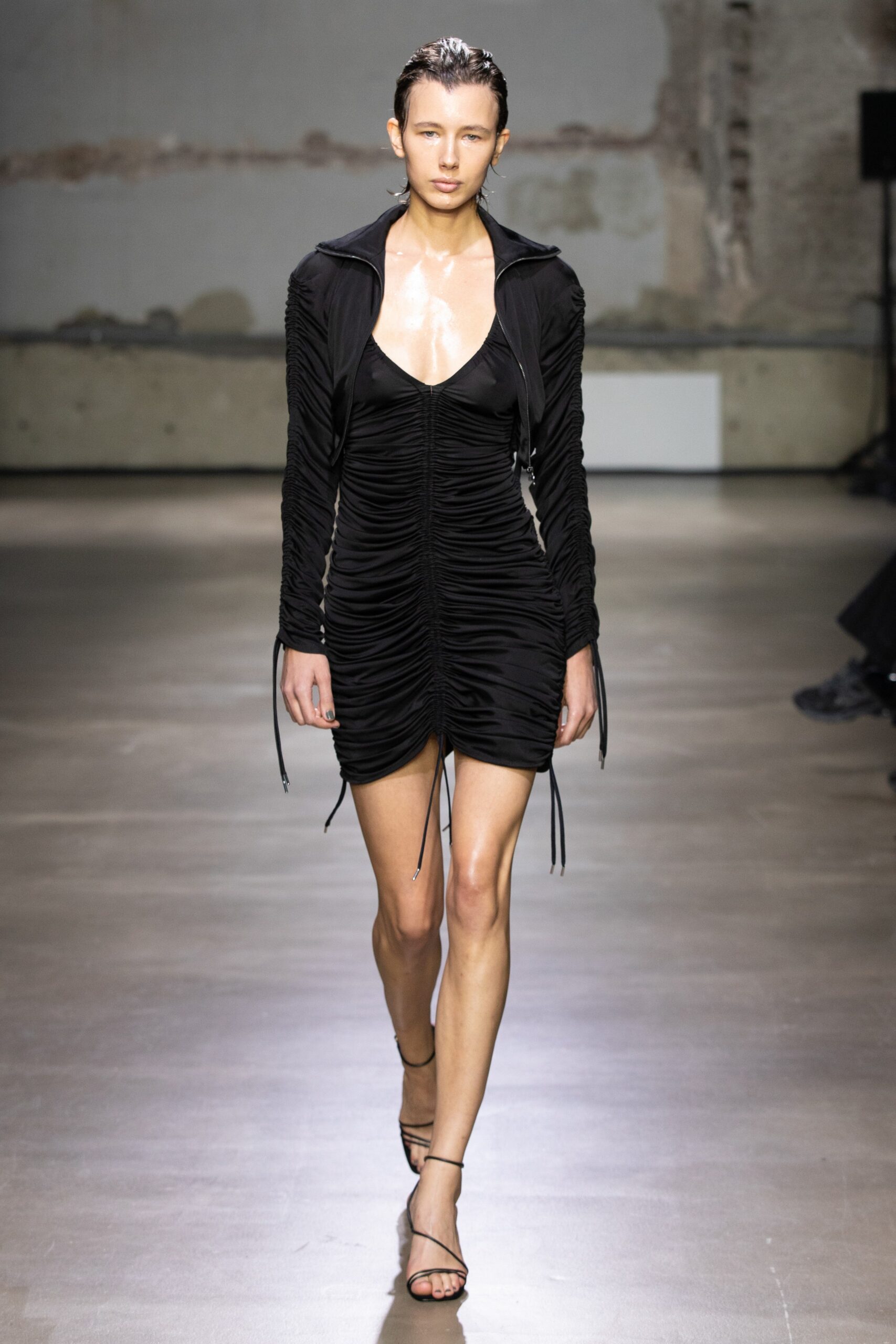 black fitted ruched mini dress
