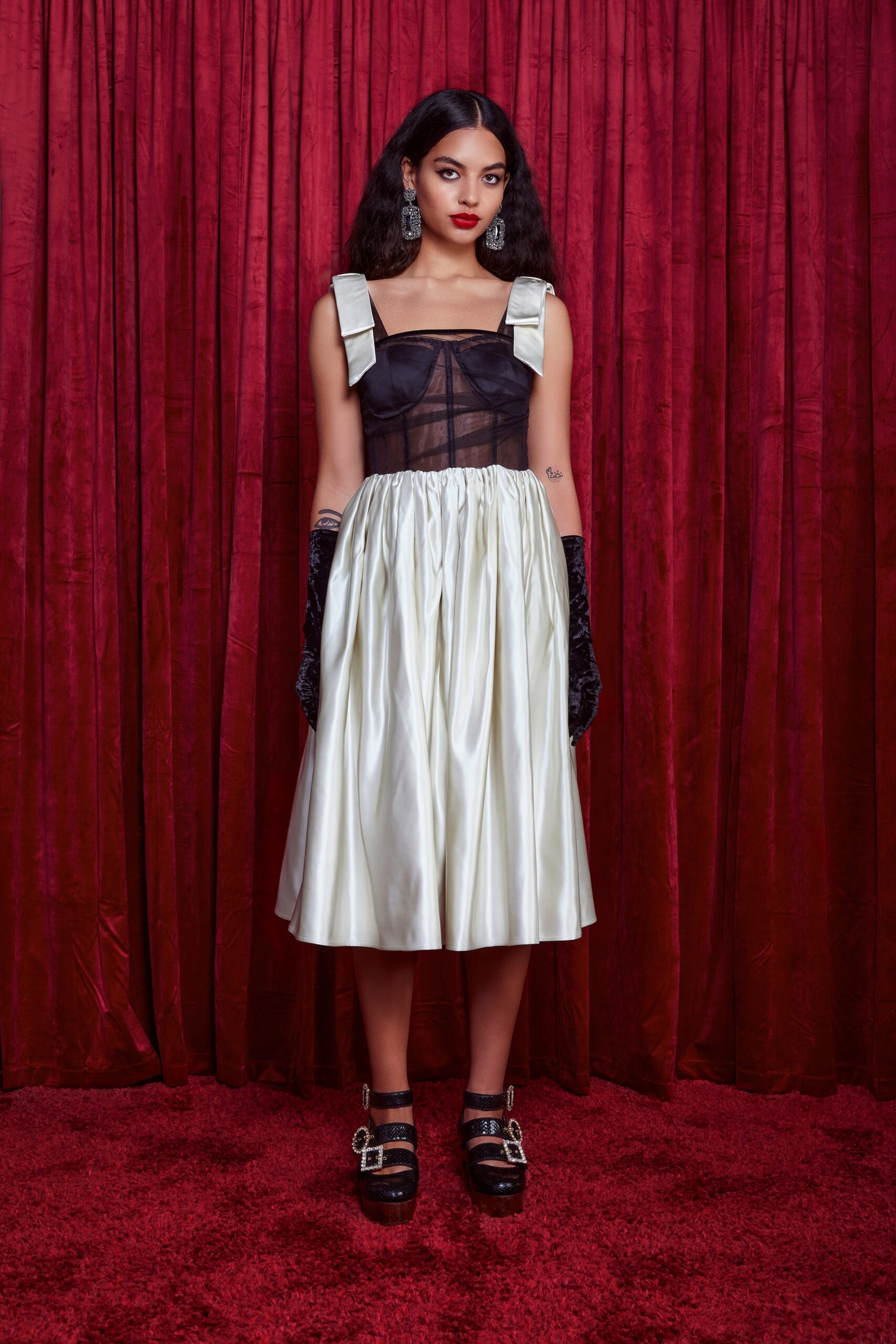 black and white pleated midi dress