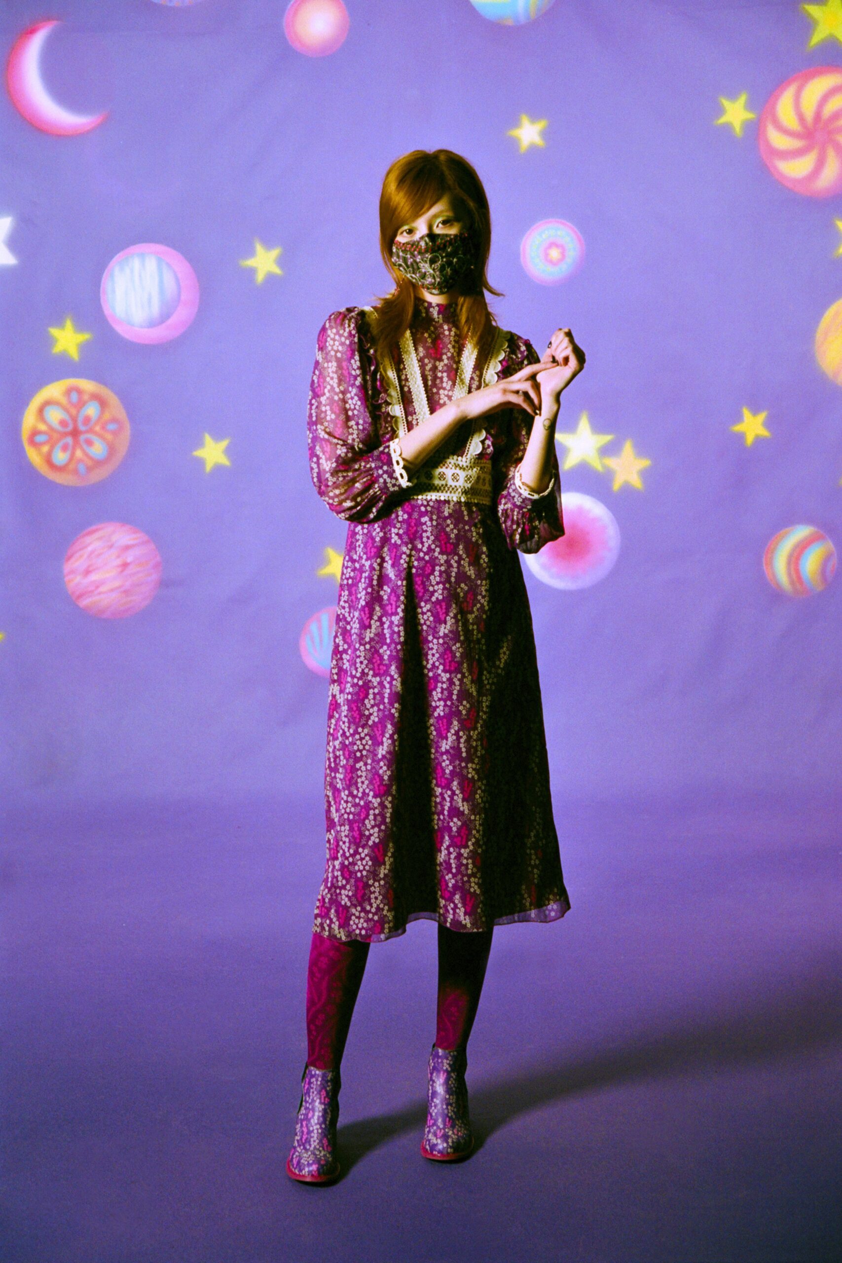 purple silk midi dress with pink pants