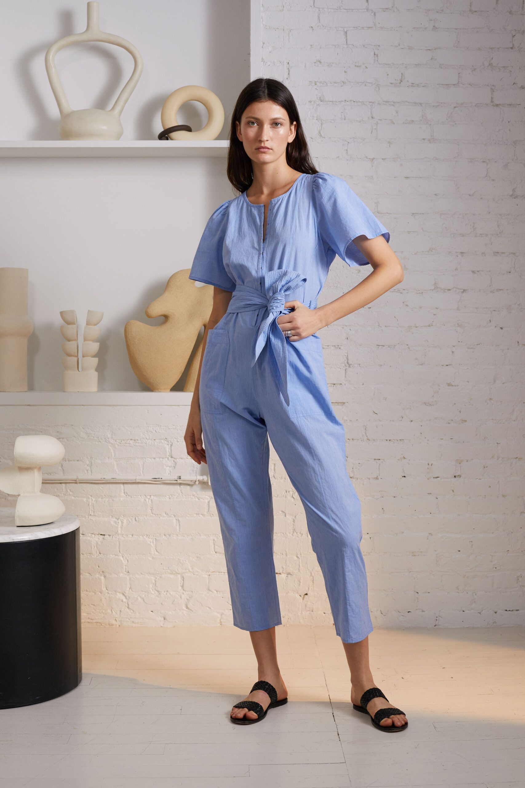 blue cotton belted jumpsuit