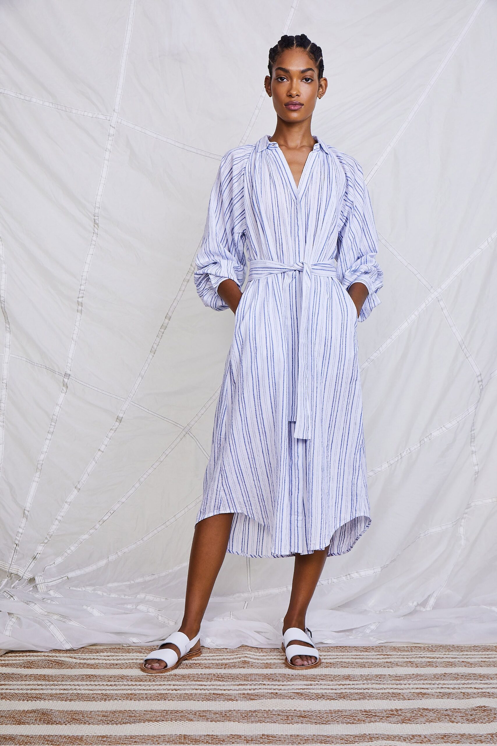 striped belted midi dress