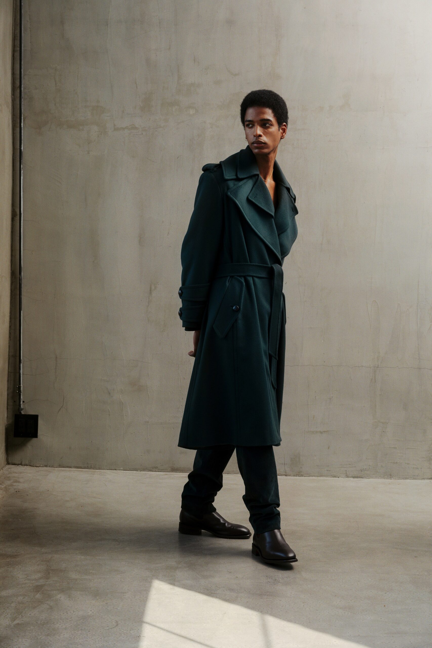 blue wool long-sleeve collared tailored belted trench