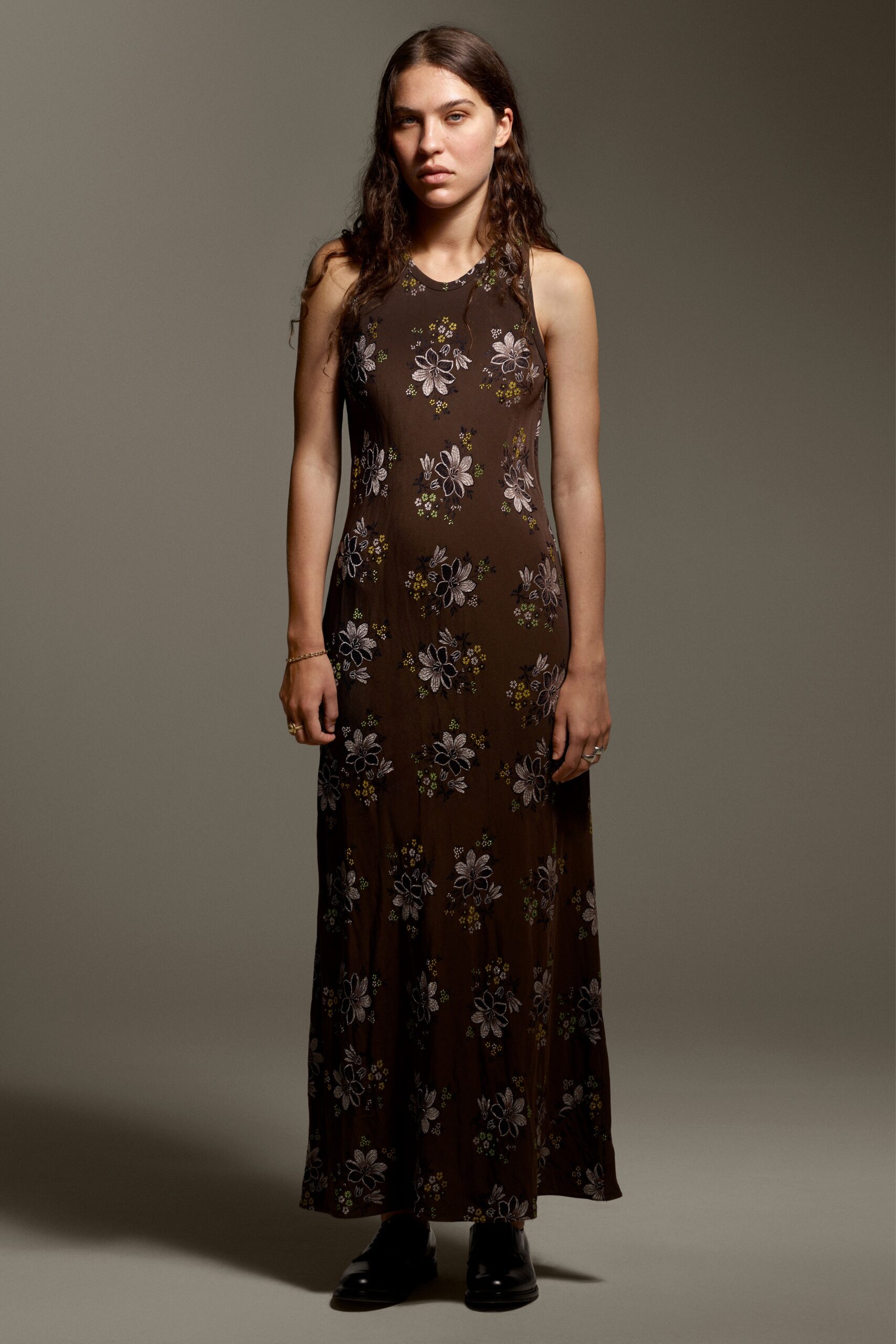 brown floral sleeveless maxi dress