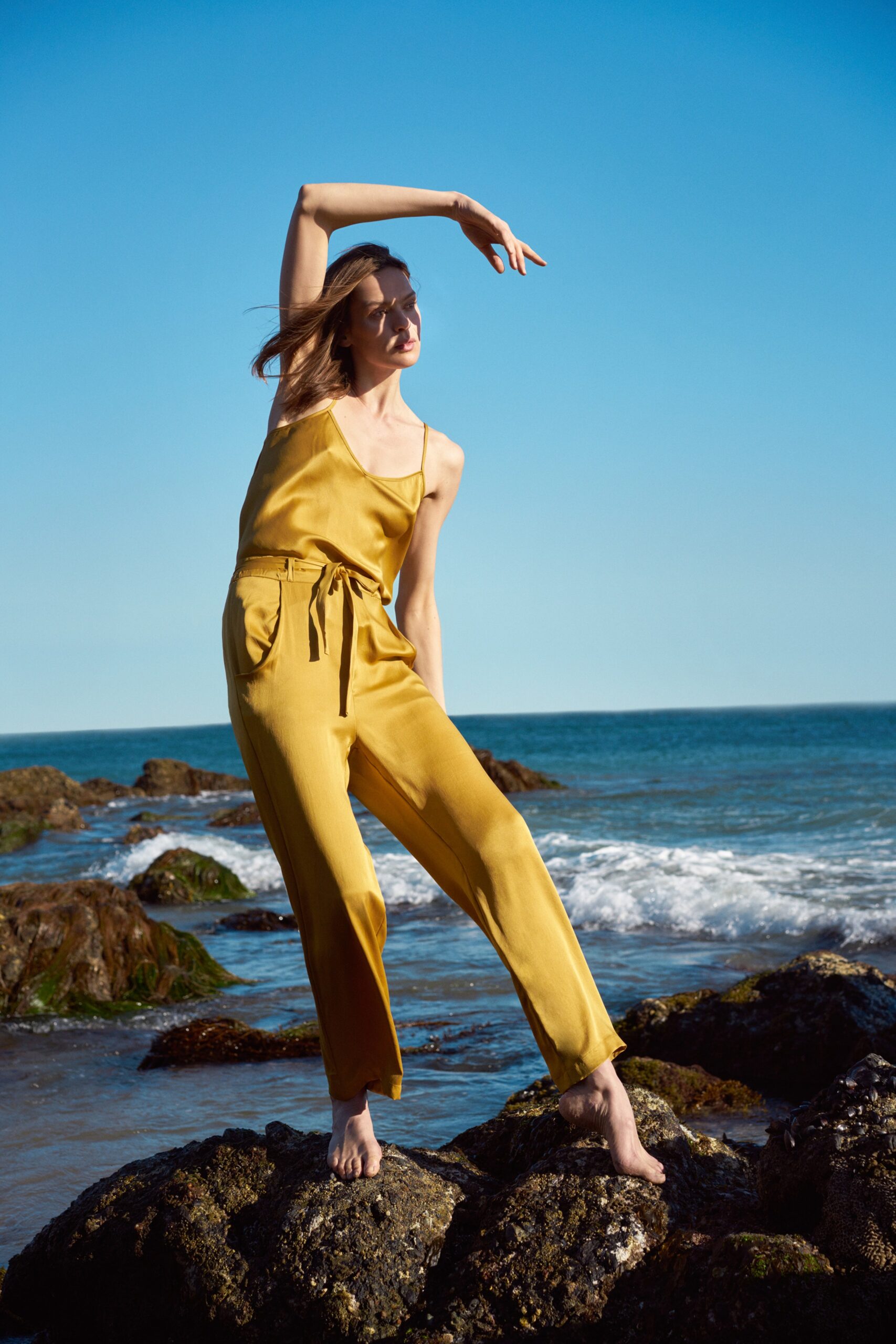 yellow silk sleeveless jumpsuit