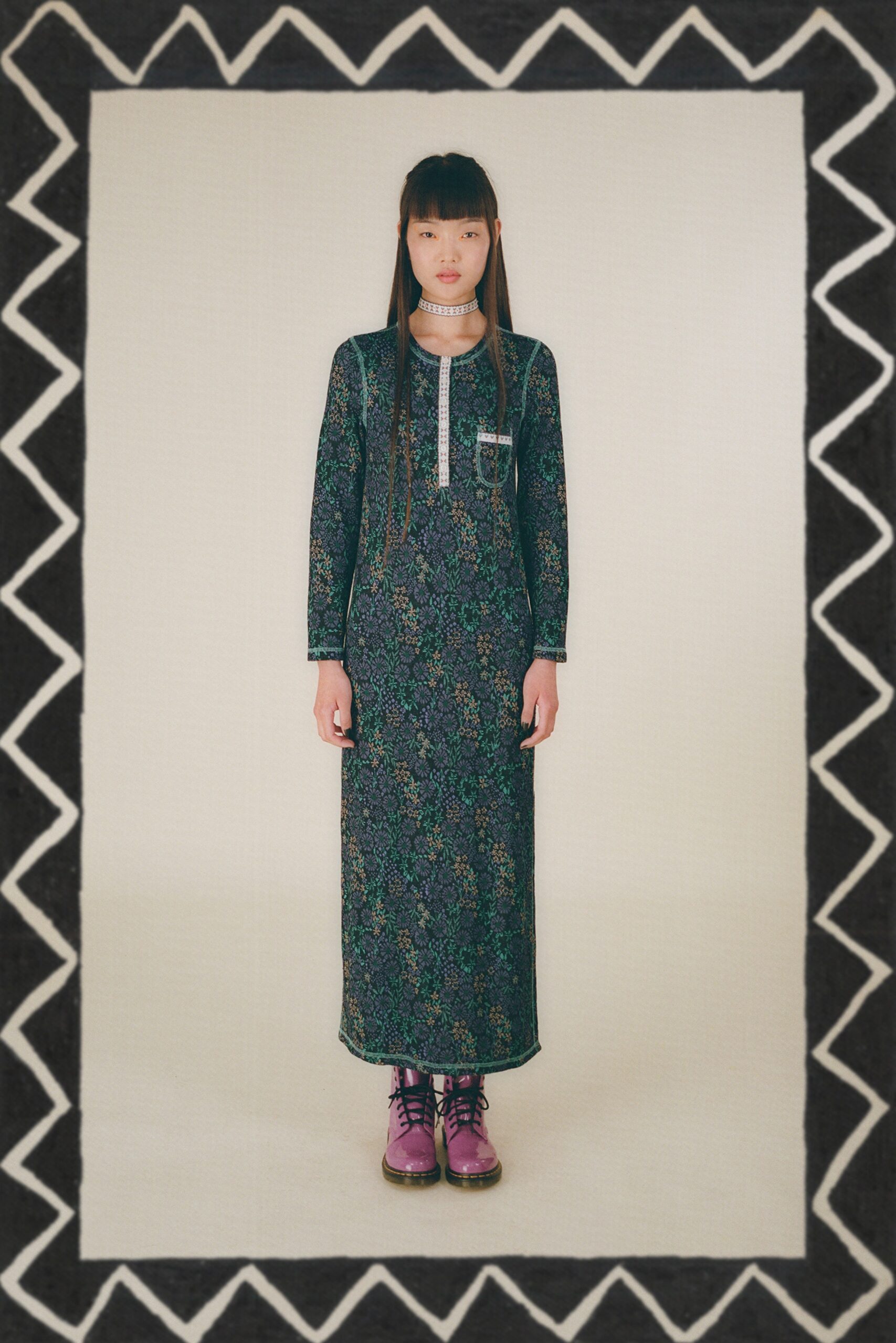 green cotton long-sleeve collared fitted floral tiered dress