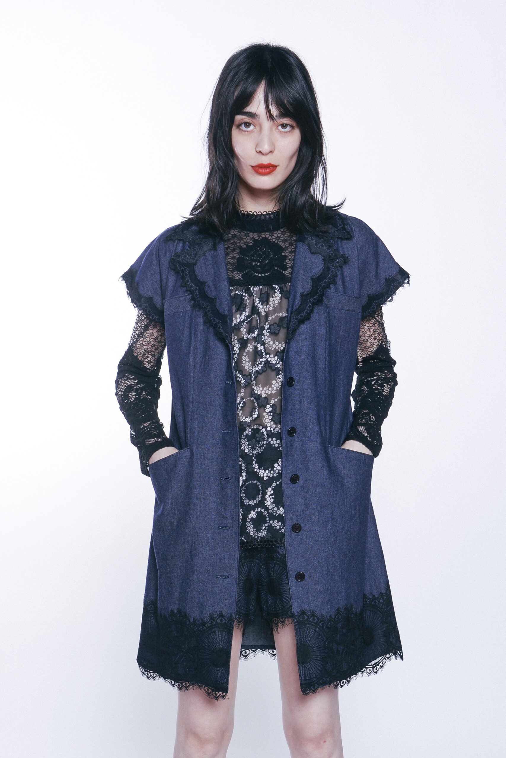 black denim short-sleeve collared fitted buttoned pockets dress