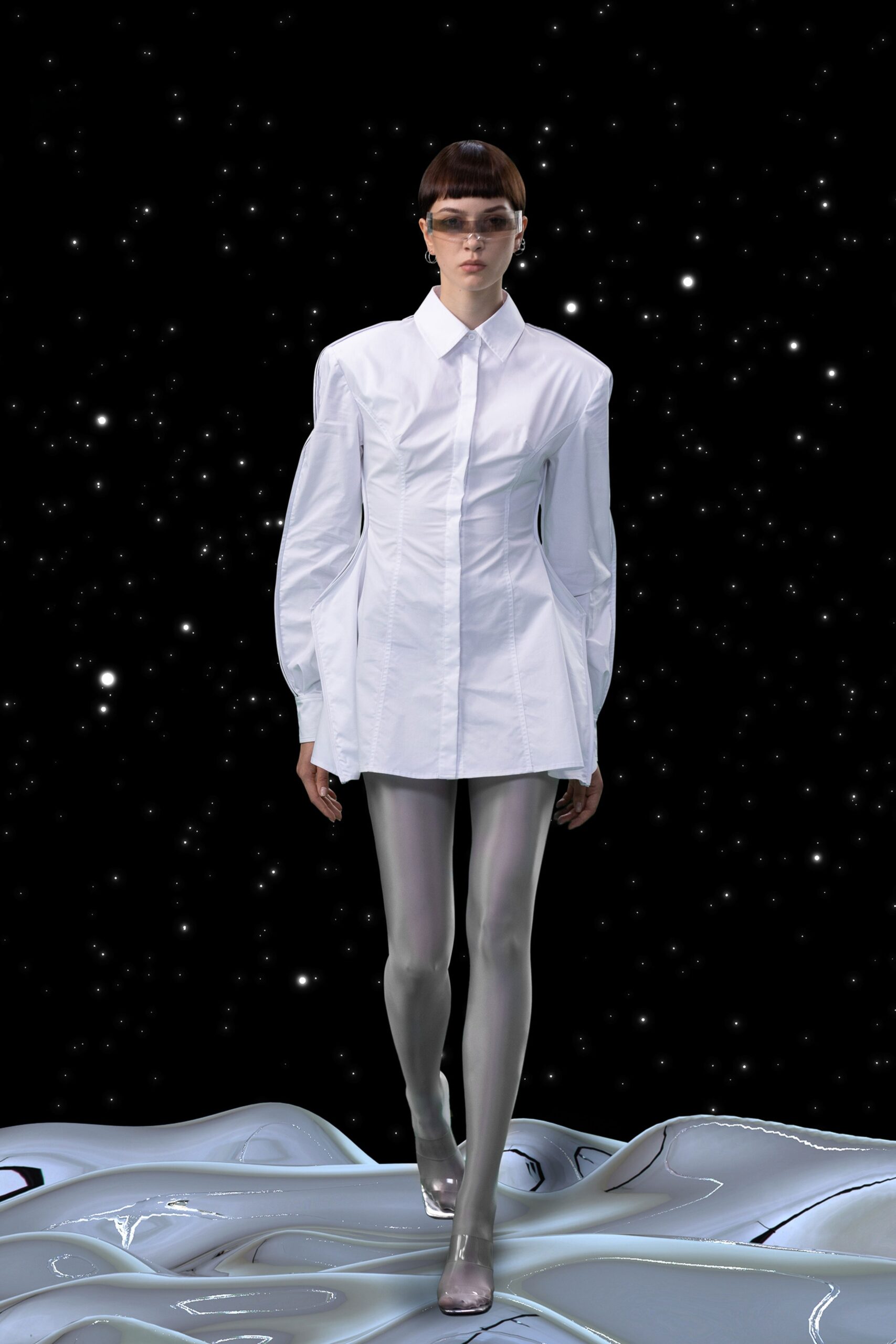 white fitted shirt with silver leggings