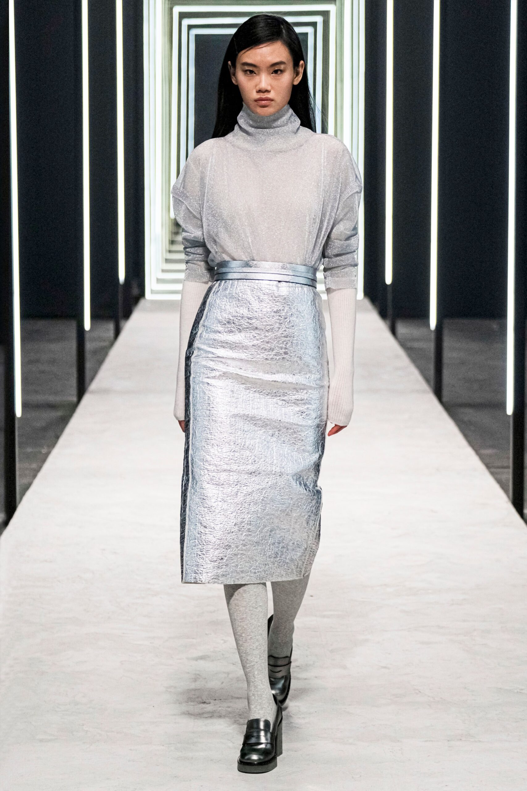 gray silk long-sleeve high-neck relaxed draped sheer top